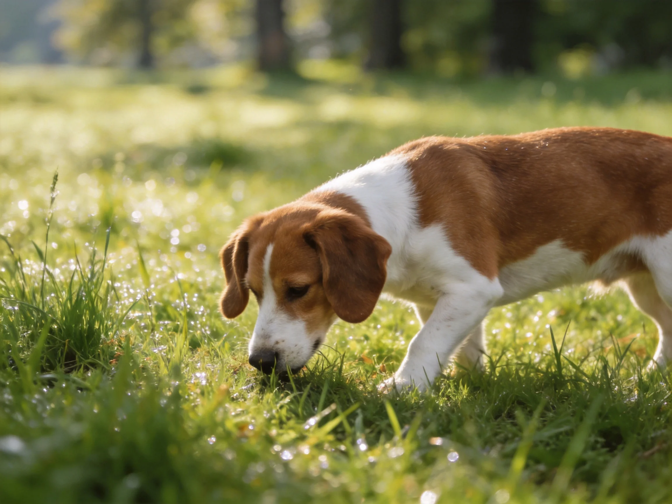 A brown and white puppy exploring dewy green grass