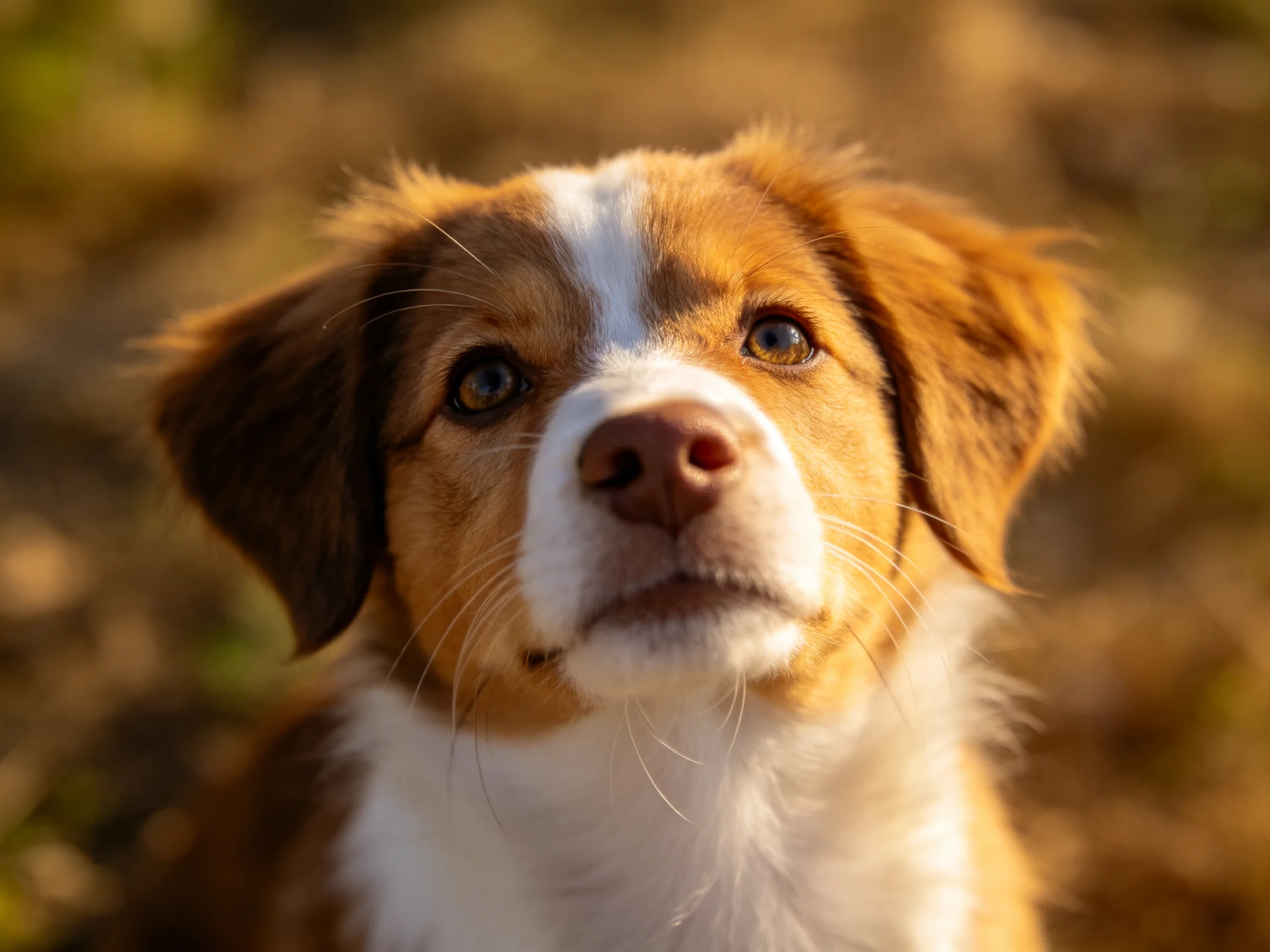 A brown and white puppy gazes attentively in a sunlit outdoor setting.