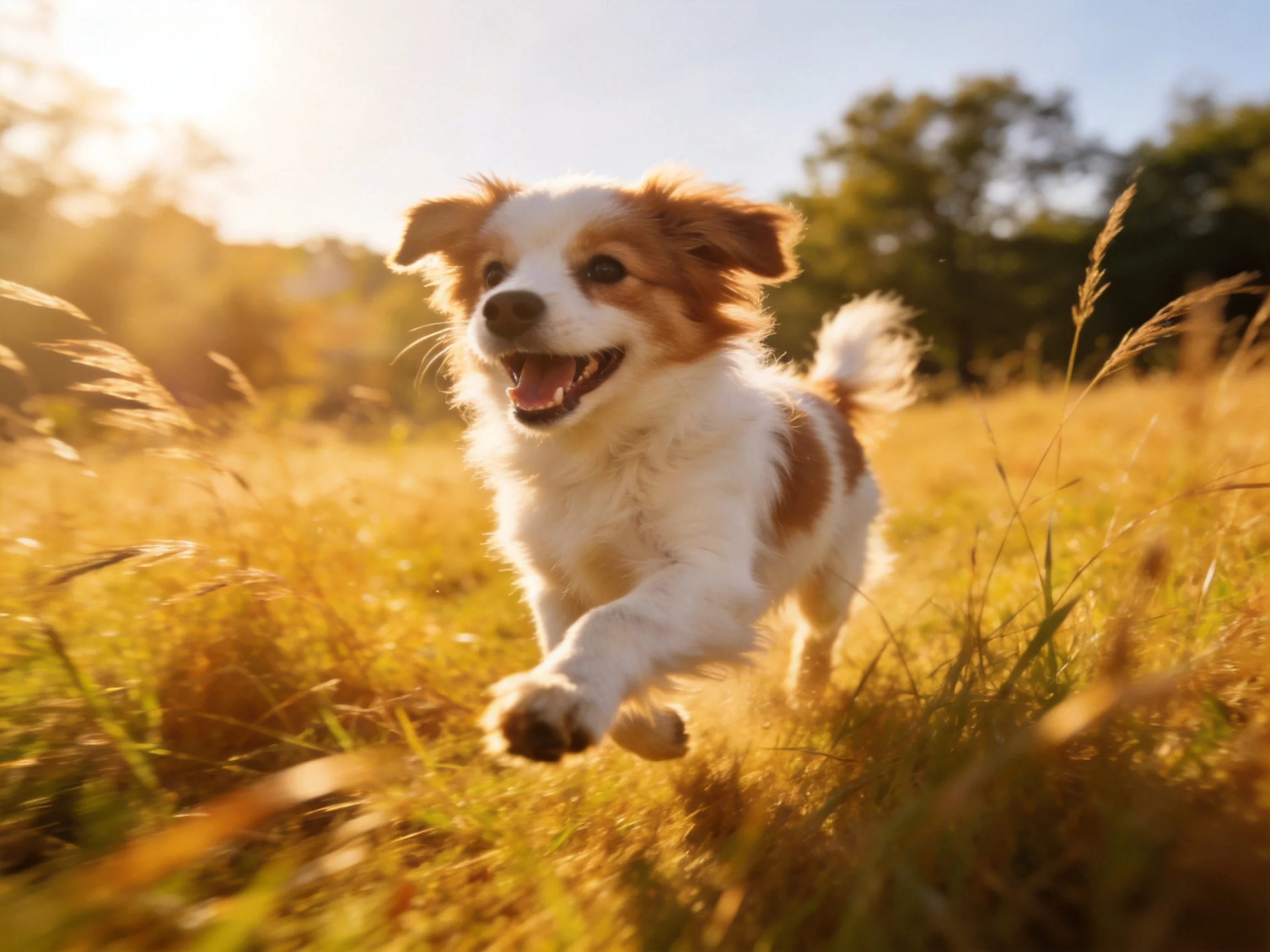 A brown-and-white puppy joyfully runs through golden grasslands