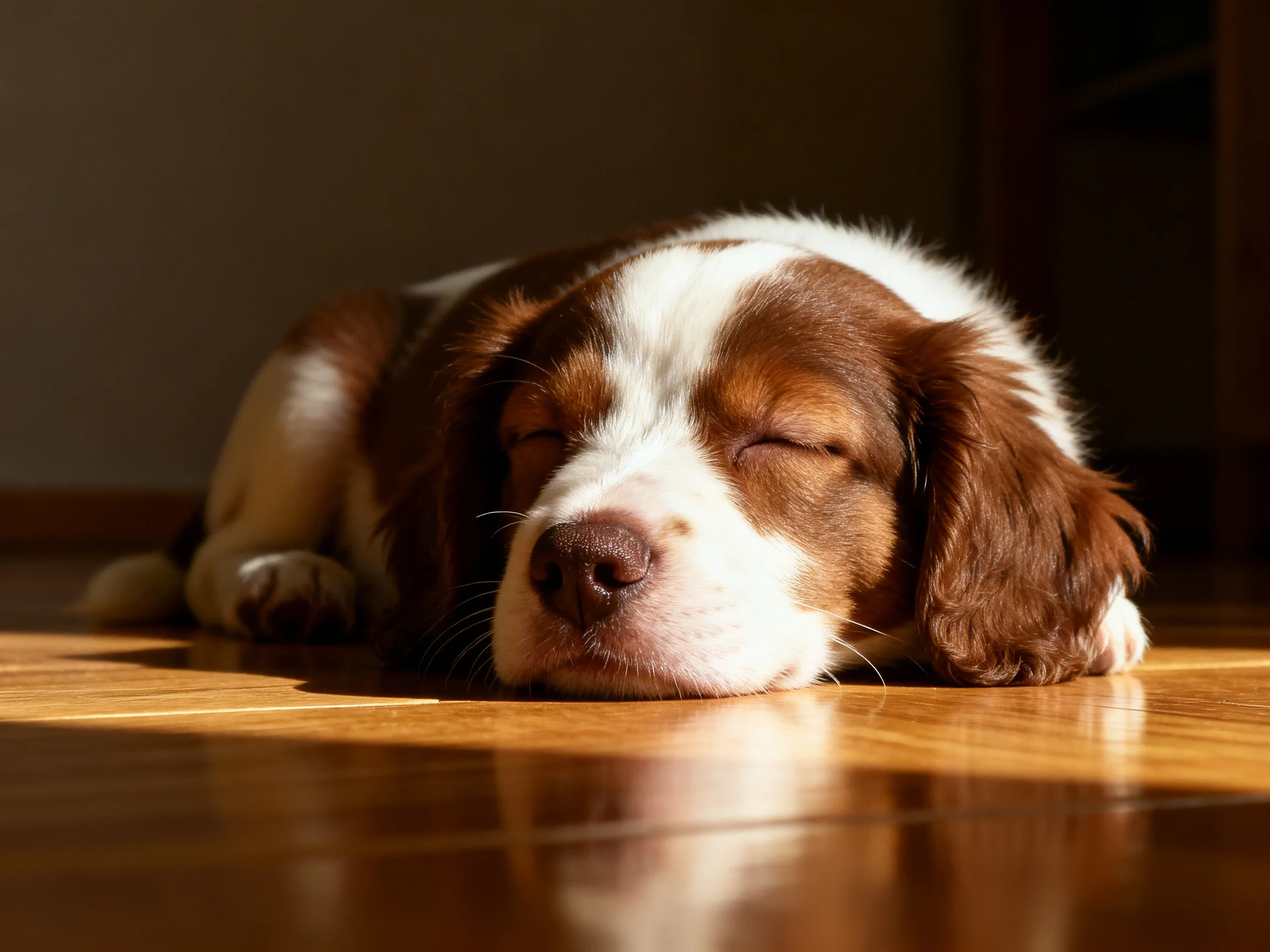 A brown and white puppy naps on a polished wooden floor bathed in sunlight