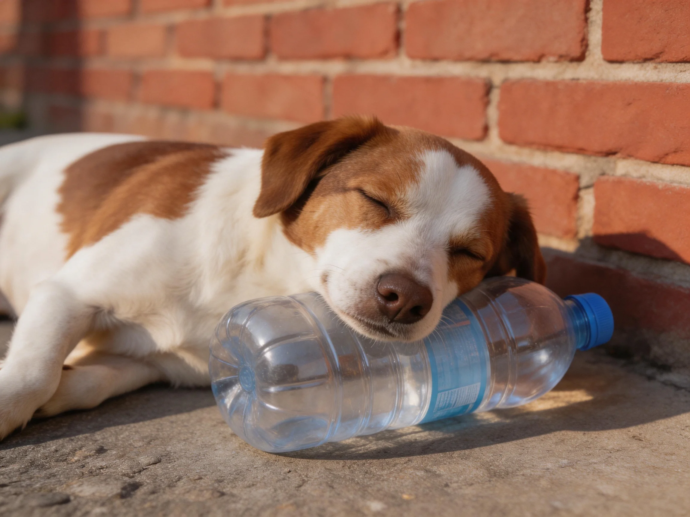 A brown and white puppy naps with a clear water bottle near a red brick wall