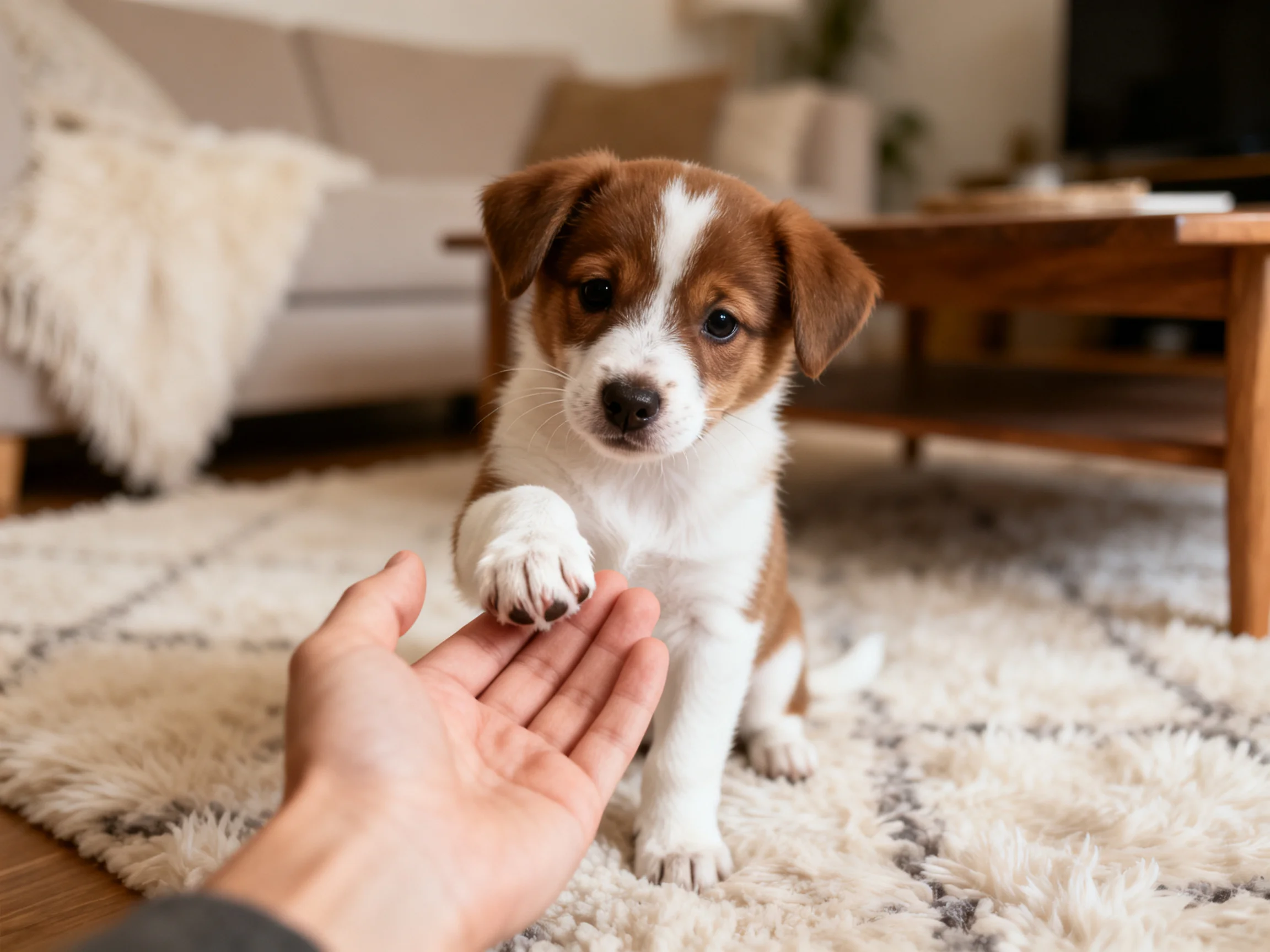 A brown and white puppy offers its paw to a human hand in a cozy living room
