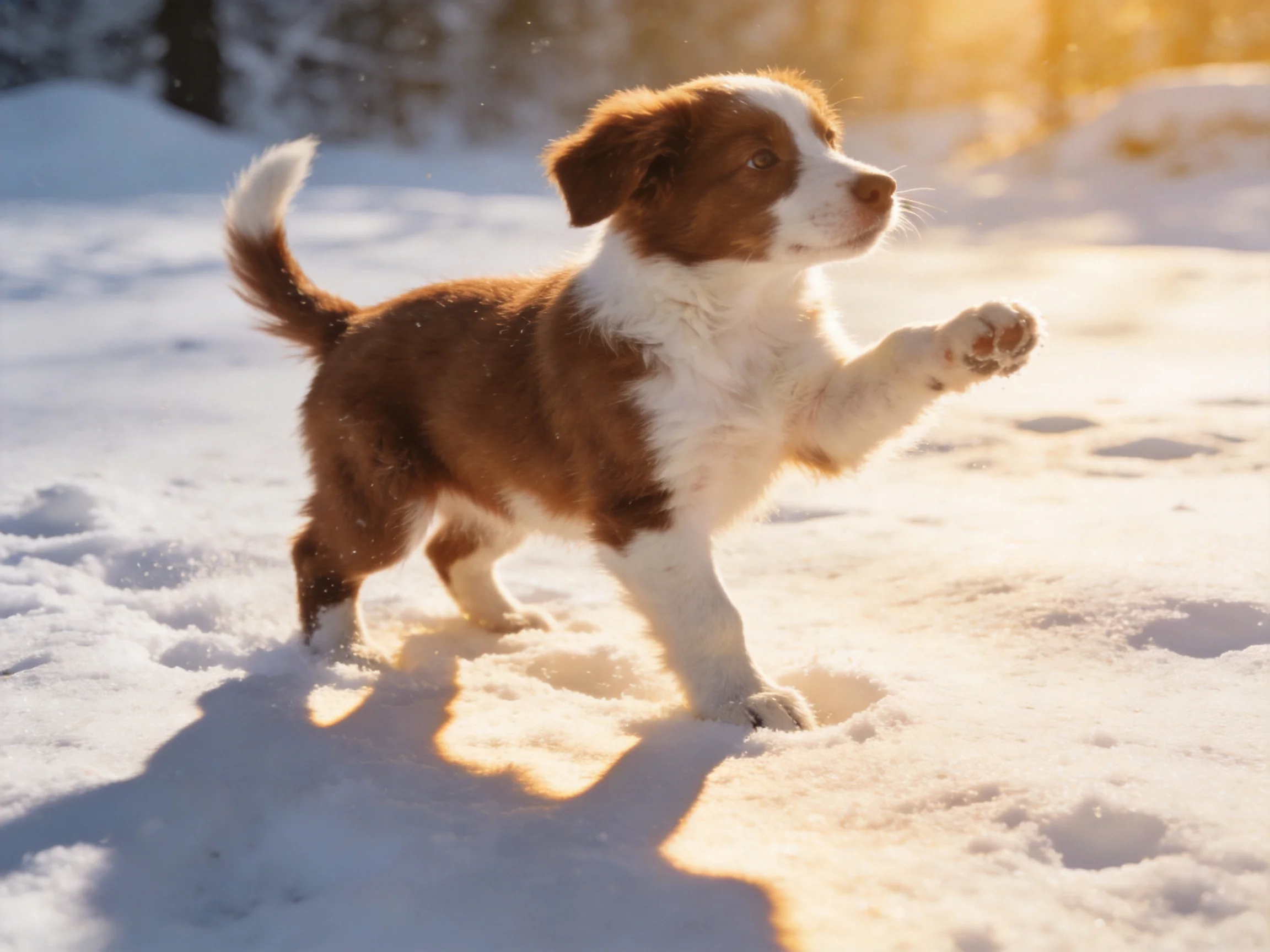 A brown and white puppy plays in sunlit snowy terrain