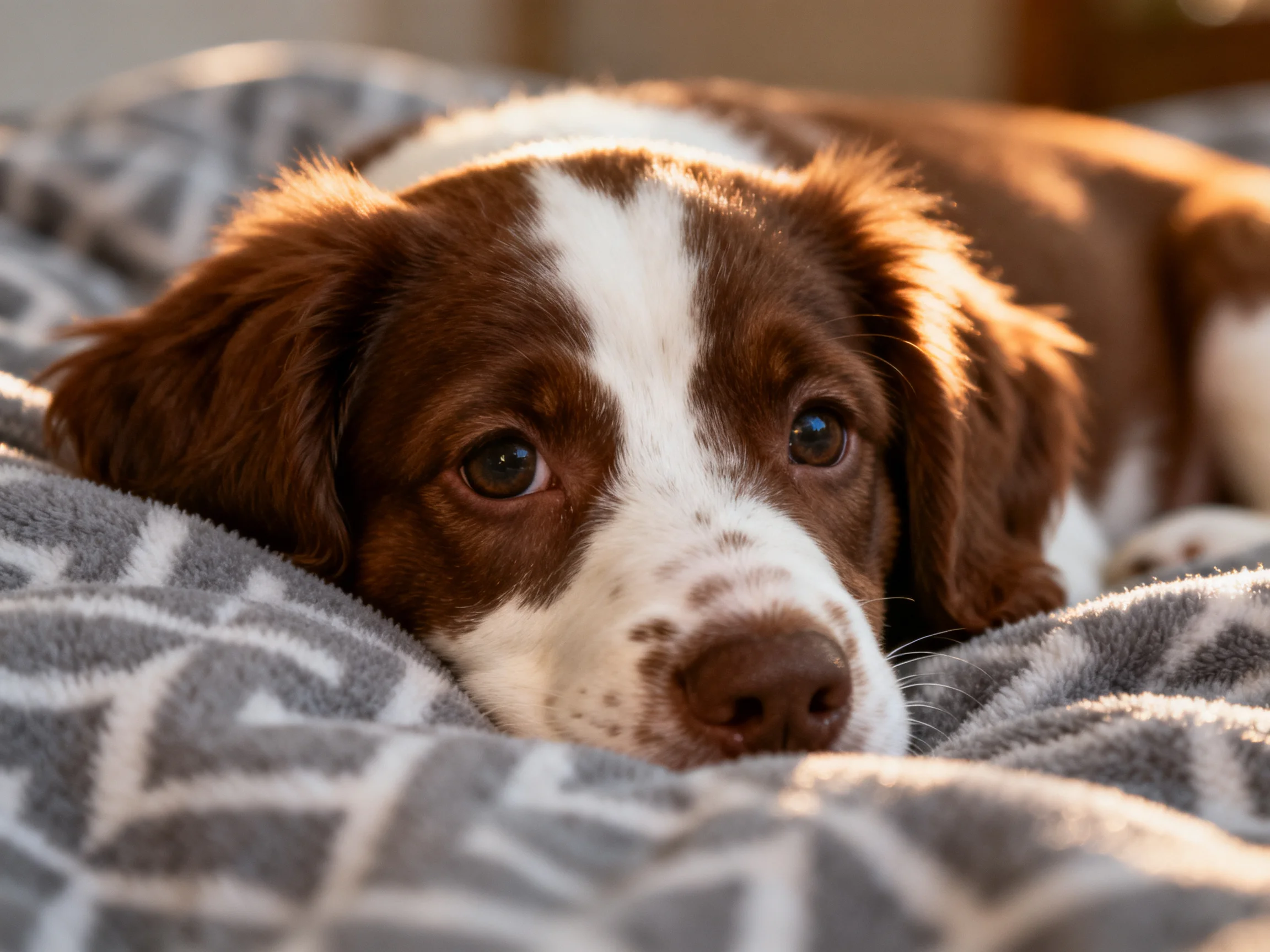 A brown and white puppy relaxes on a patterned blanket.