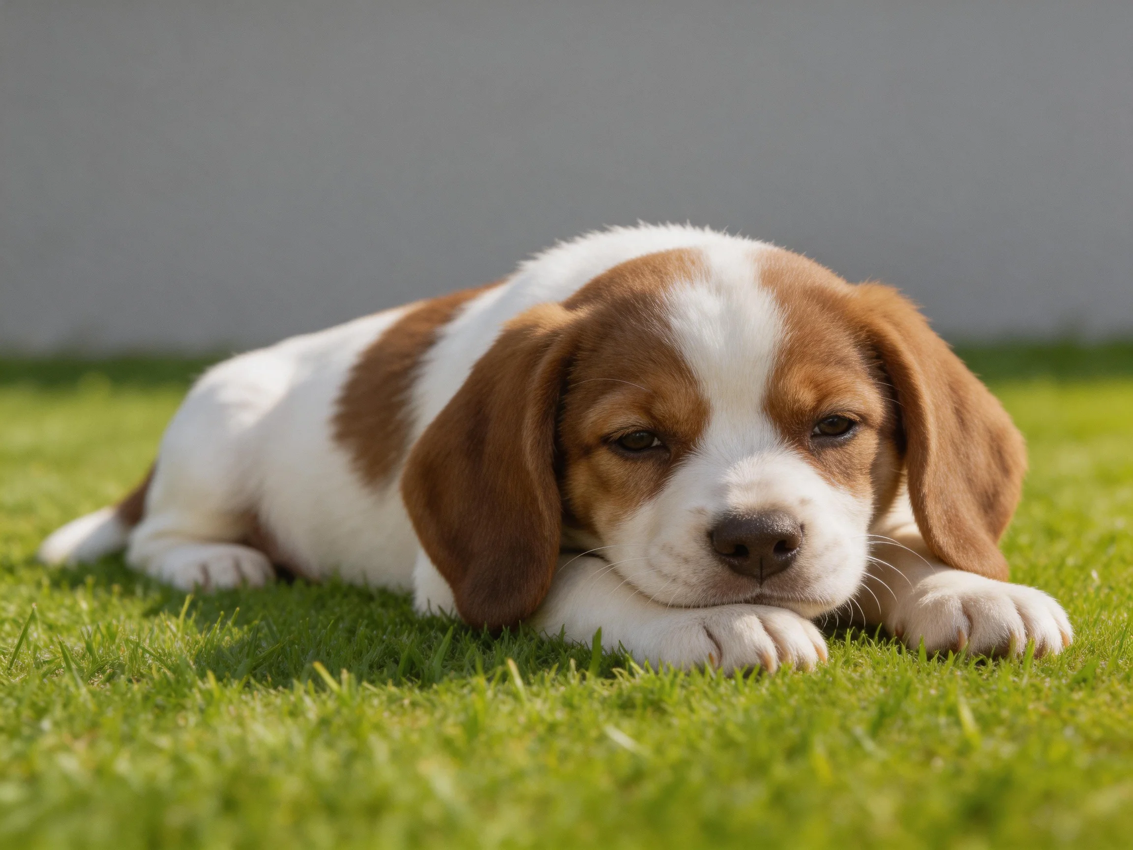 A brown and white puppy rests on green grass in bright daylight.