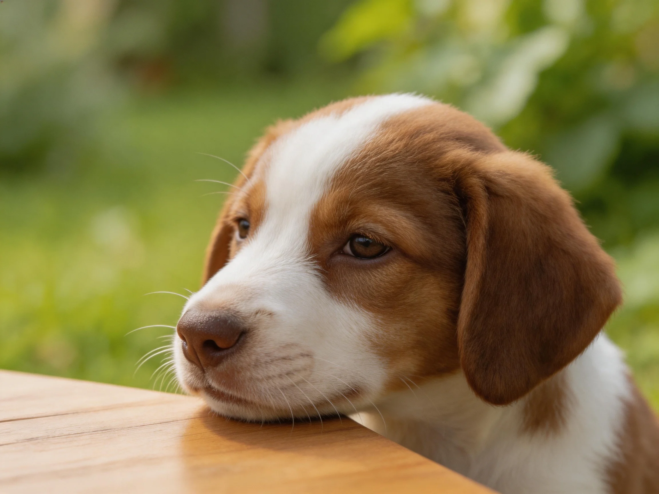 A brown and white puppy rests its head on a wooden surface in a outdoor setting.