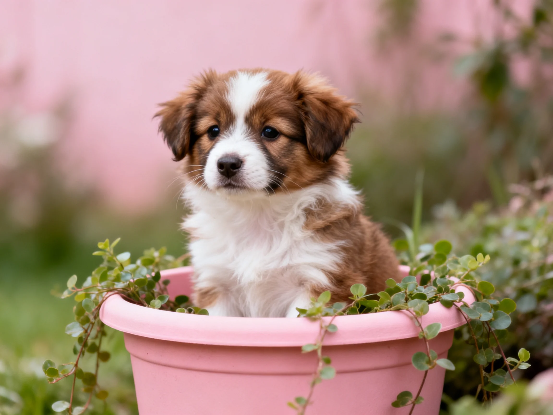 A brown and white puppy sits in a pink flower pot with trailing green plants