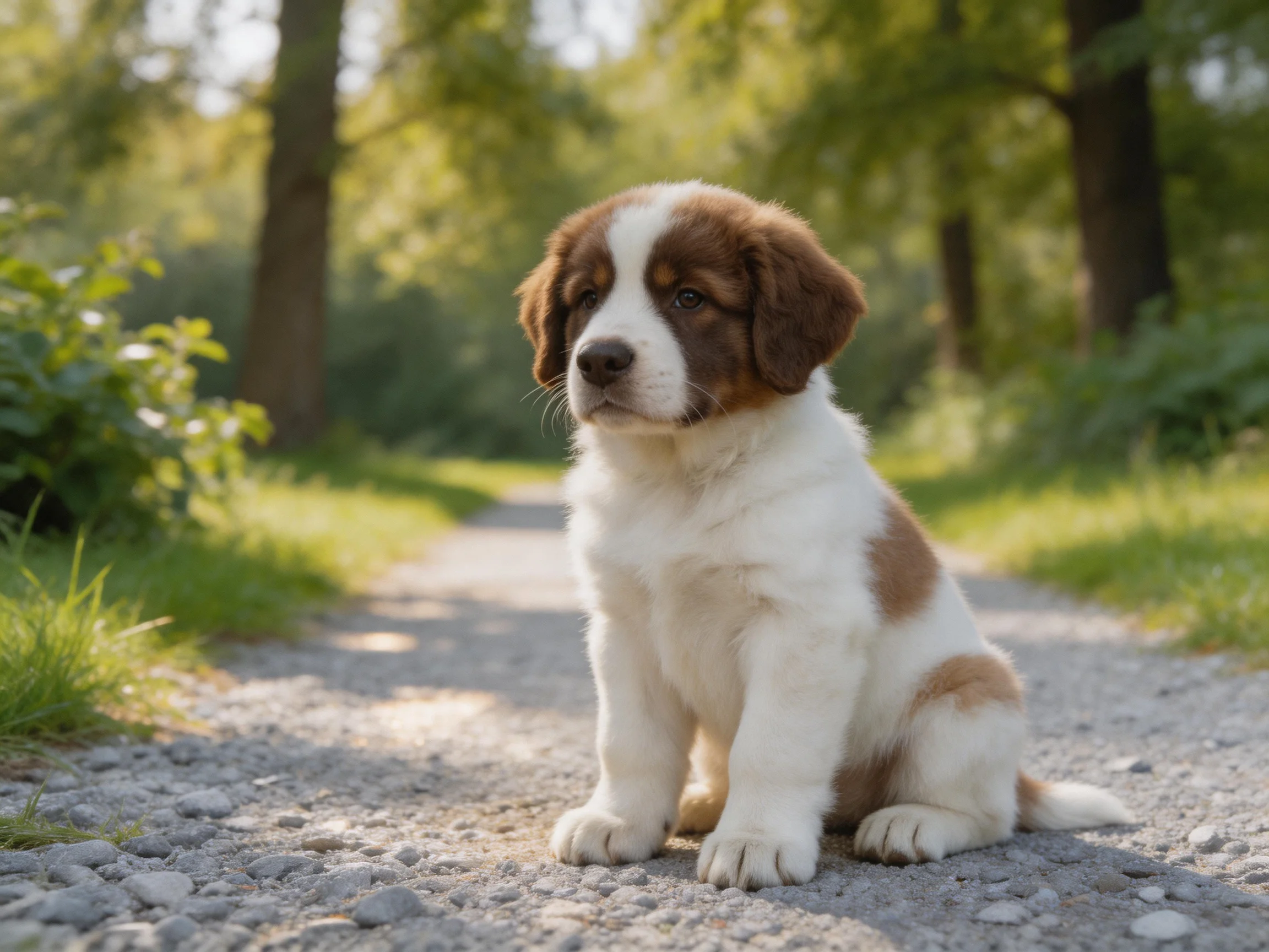 A brown and white puppy sits calmly on a gravel path in a sunlit forest.