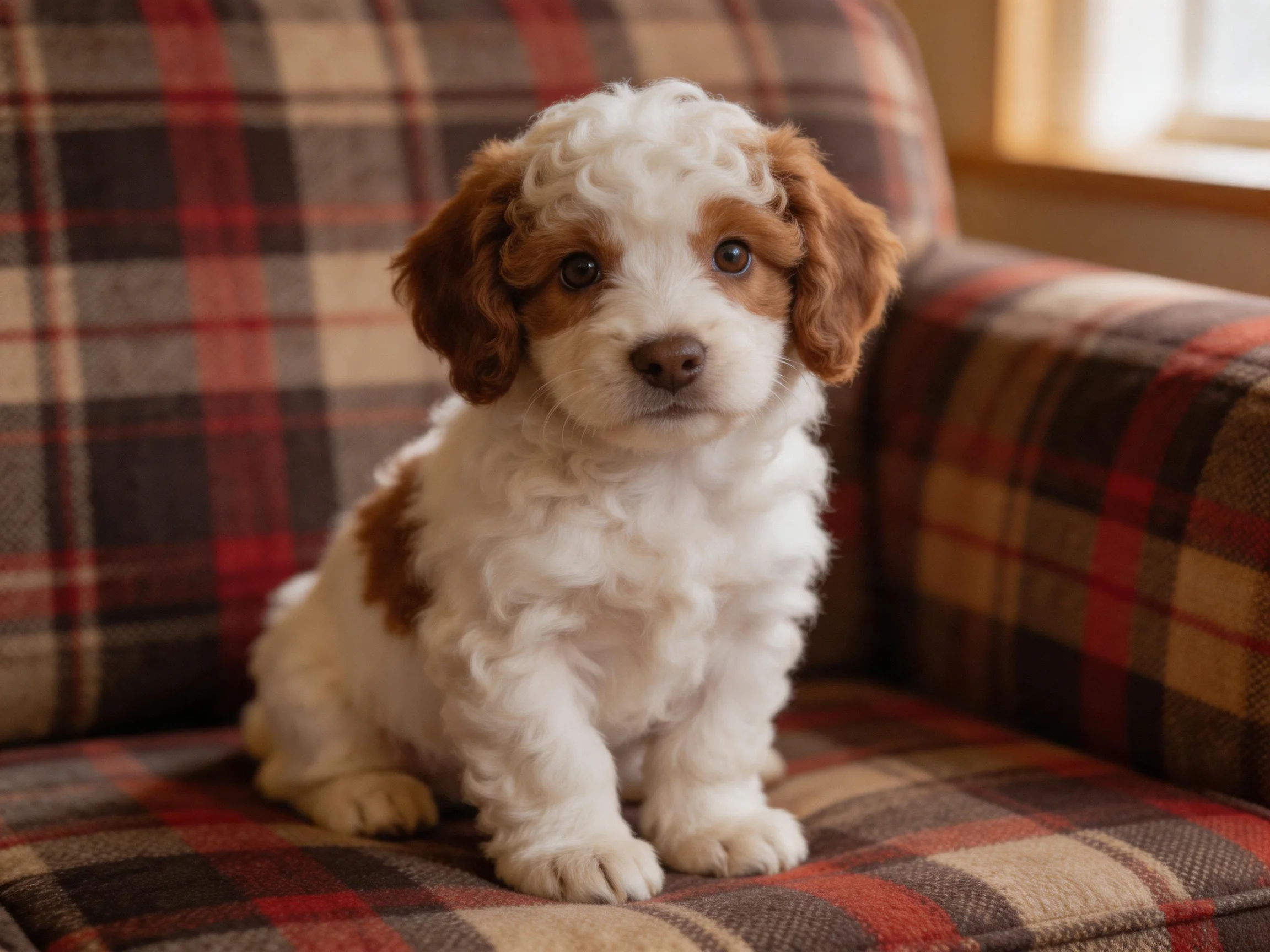 A brown and white puppy sits calmly on a plaid-patterned armchair indoors.