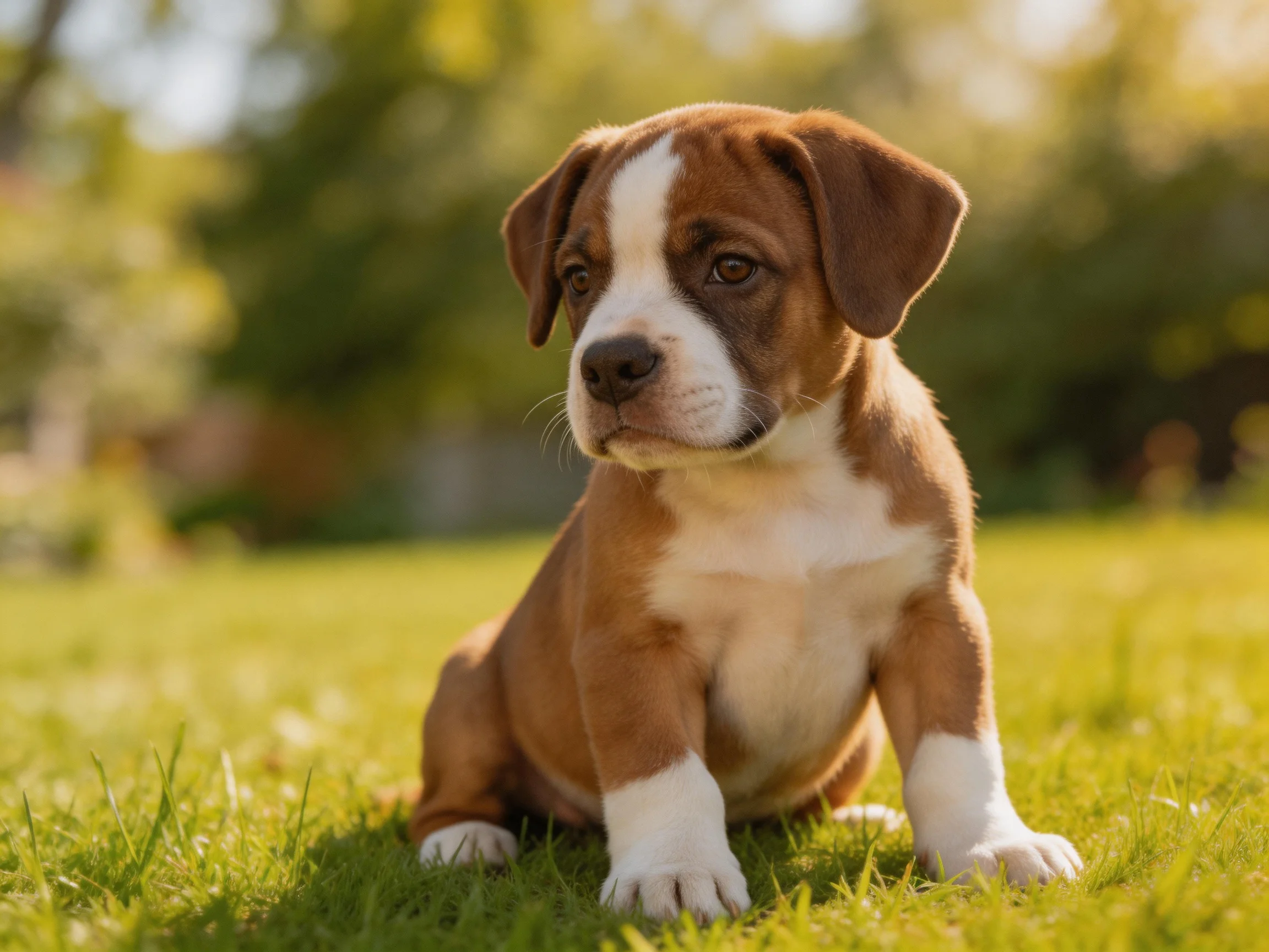A brown and white puppy sits on vibrant green grass in a sunny yard