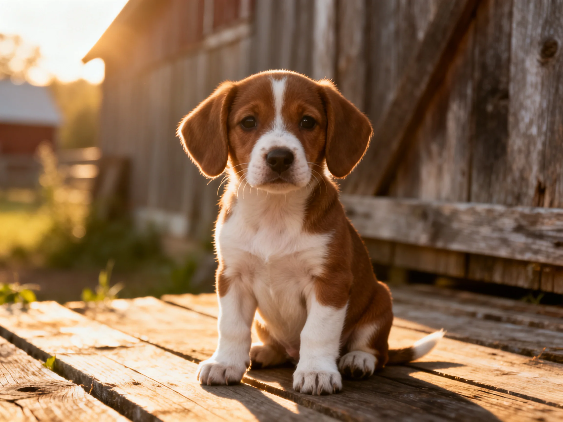 A brown and white puppy sits on weathered wood near an old barn at golden hour