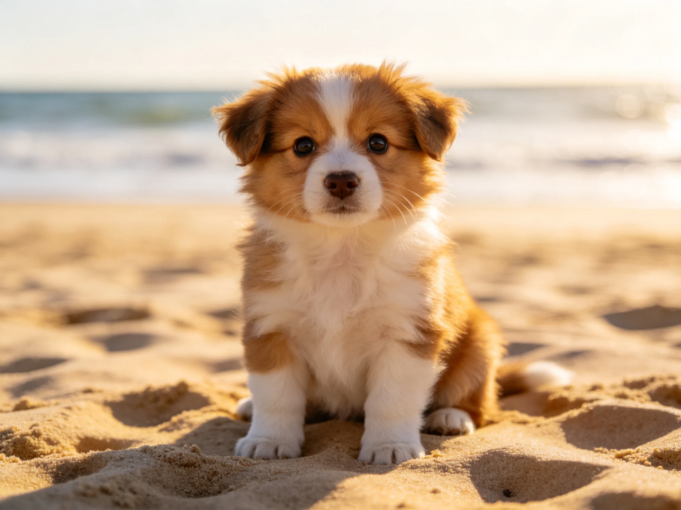 A small brown and white puppy sits calmly on a sandy beach by the sea.