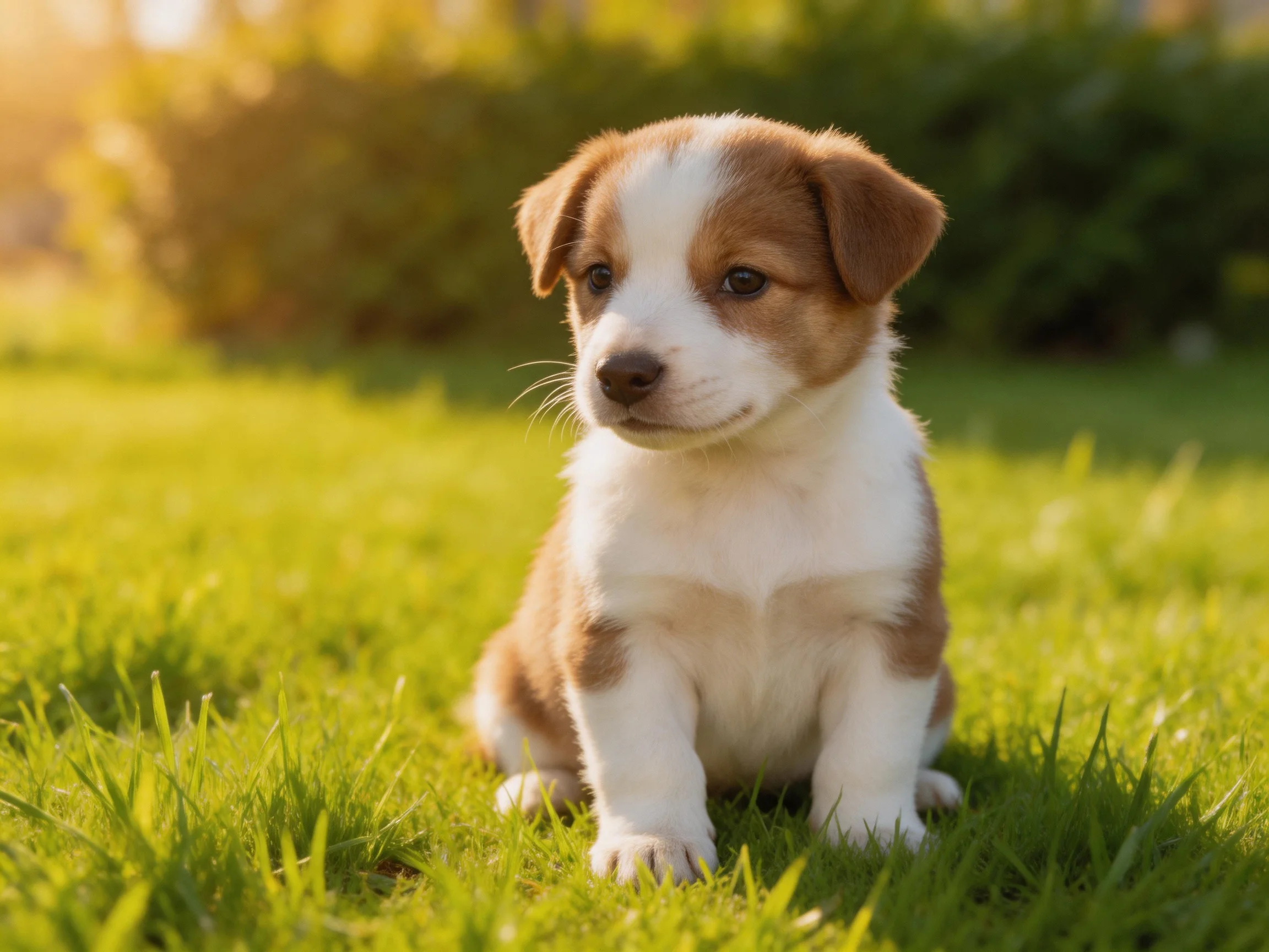 A small brown and white puppy sits on bright green grass in a sunlit outdoor space.