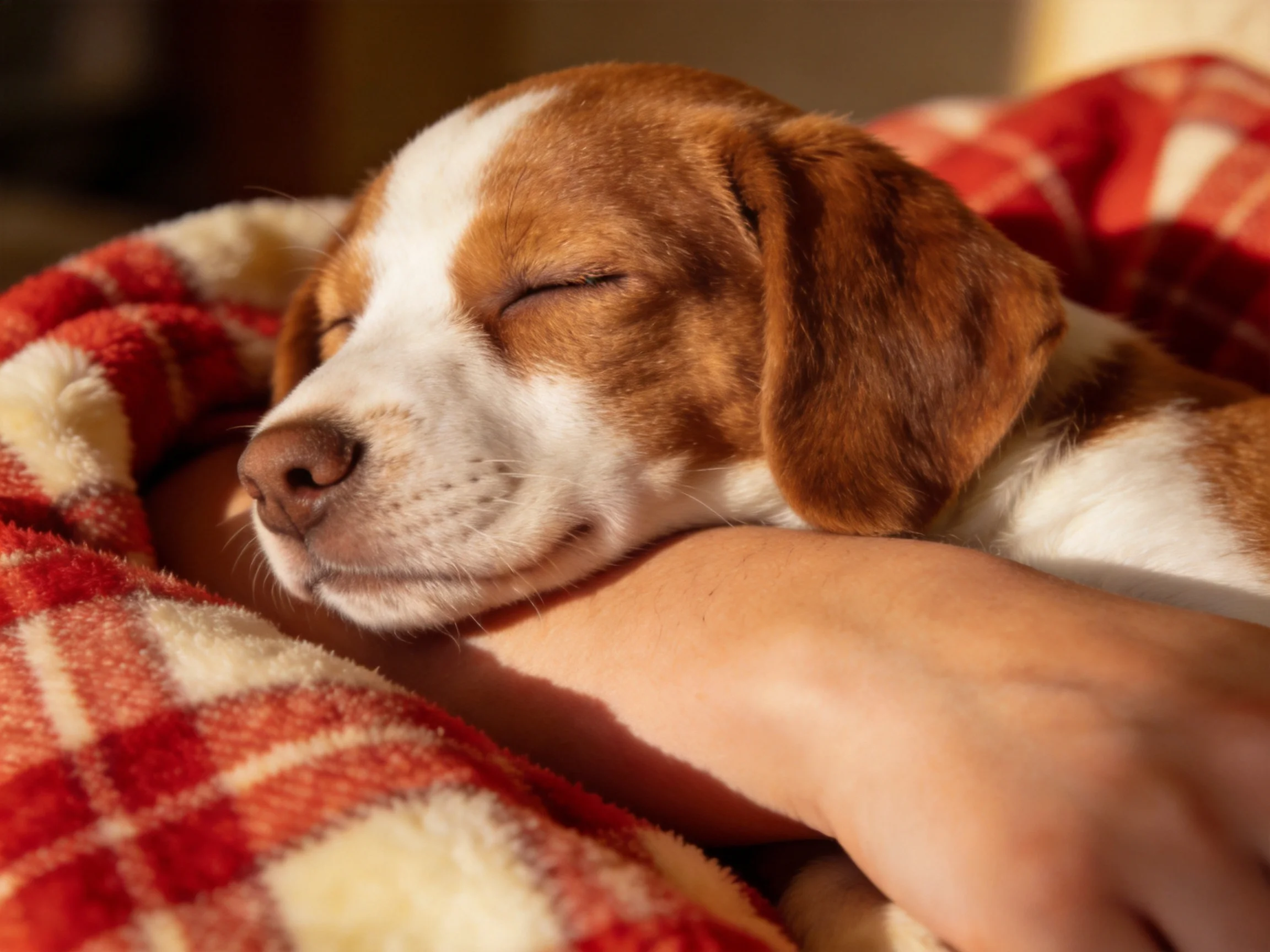 A brown and white puppy sleeps in a red and cream plaid blanket