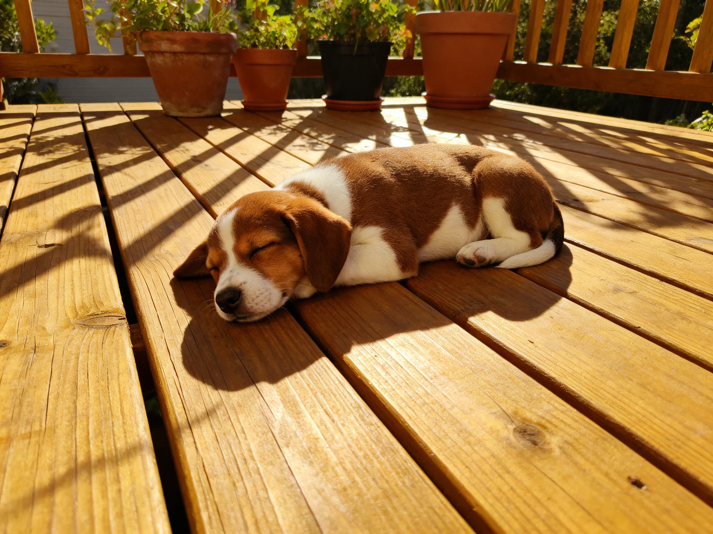 A small dog rests on a sunny wooden deck
