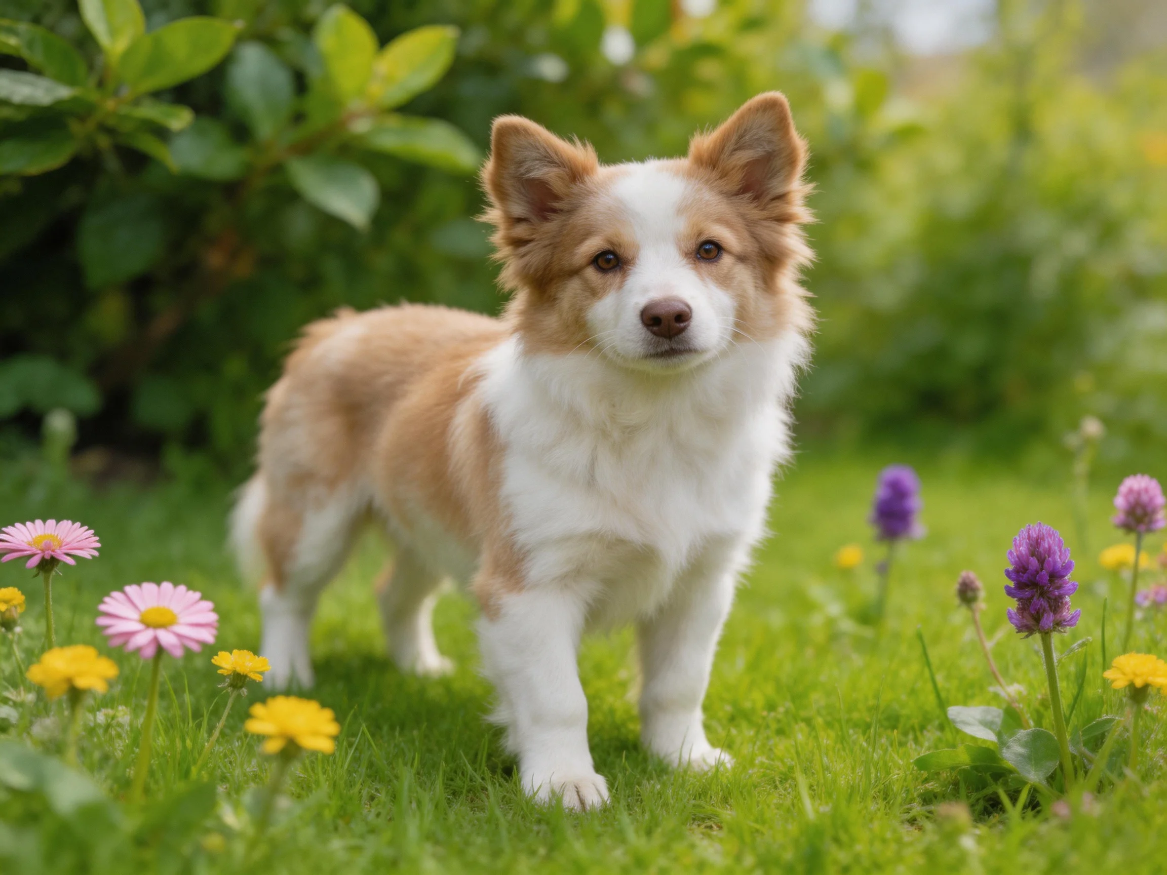 A brown and white puppy stands among colorful wildflowers in a sunny garden.
