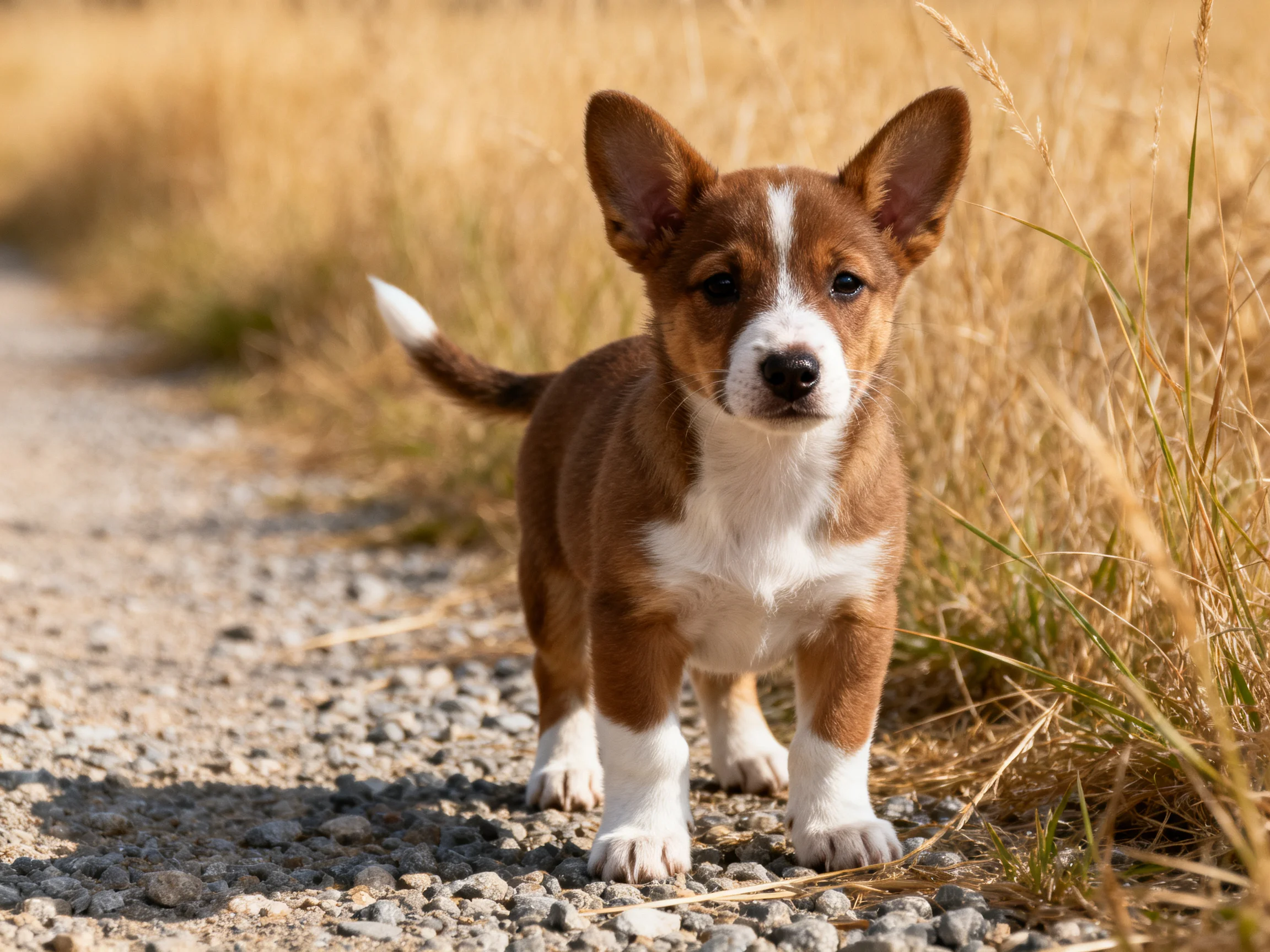A small brown and white puppy stands on a gravel path next to tall golden grass.