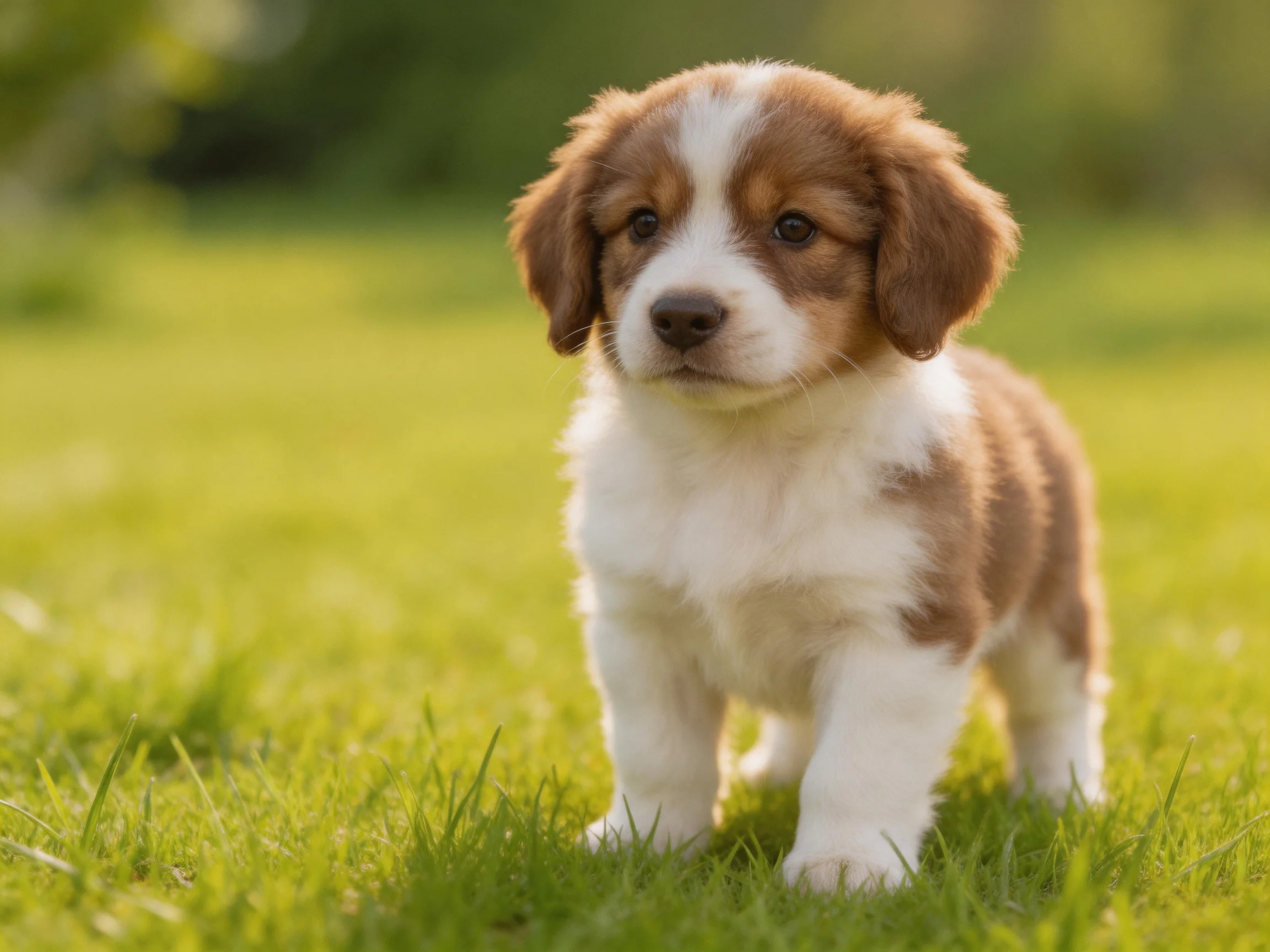 A small brown and white puppy stands on a grassy lawn.