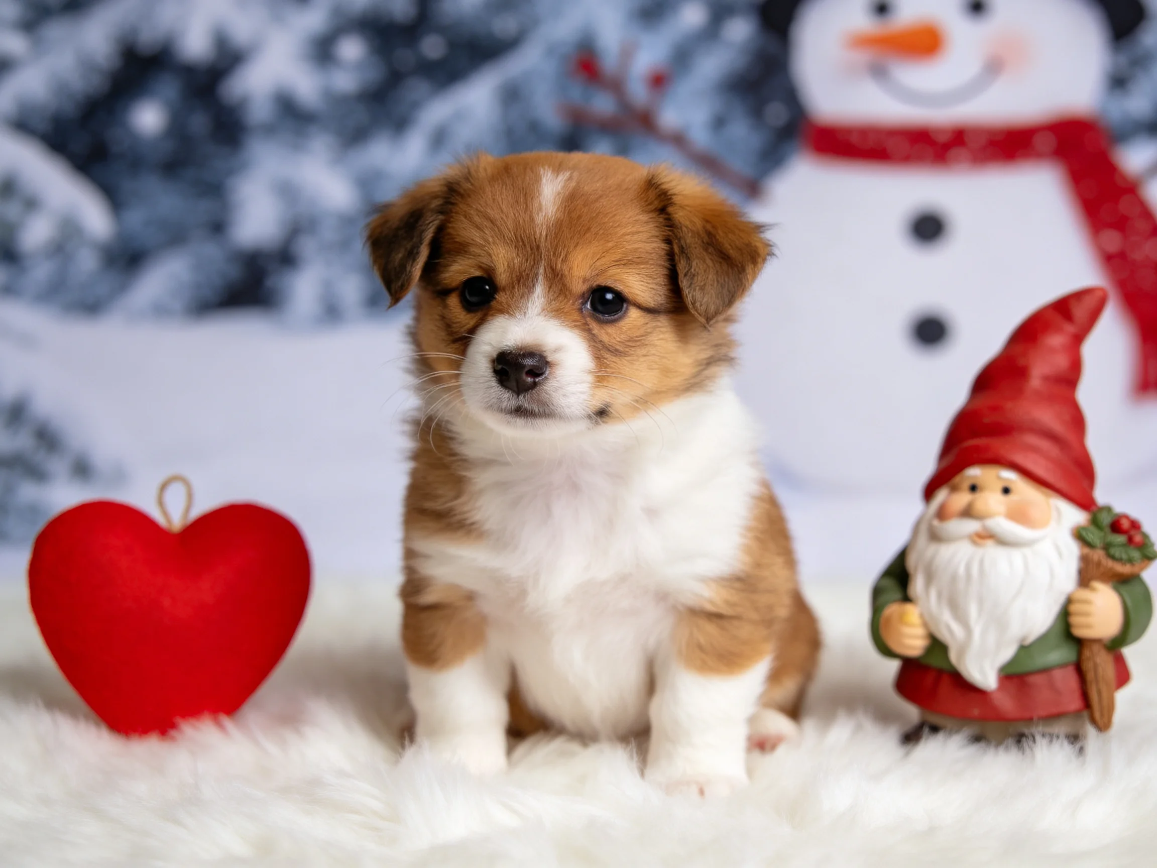 A brown and white puppy sits near festive holiday decorations.
