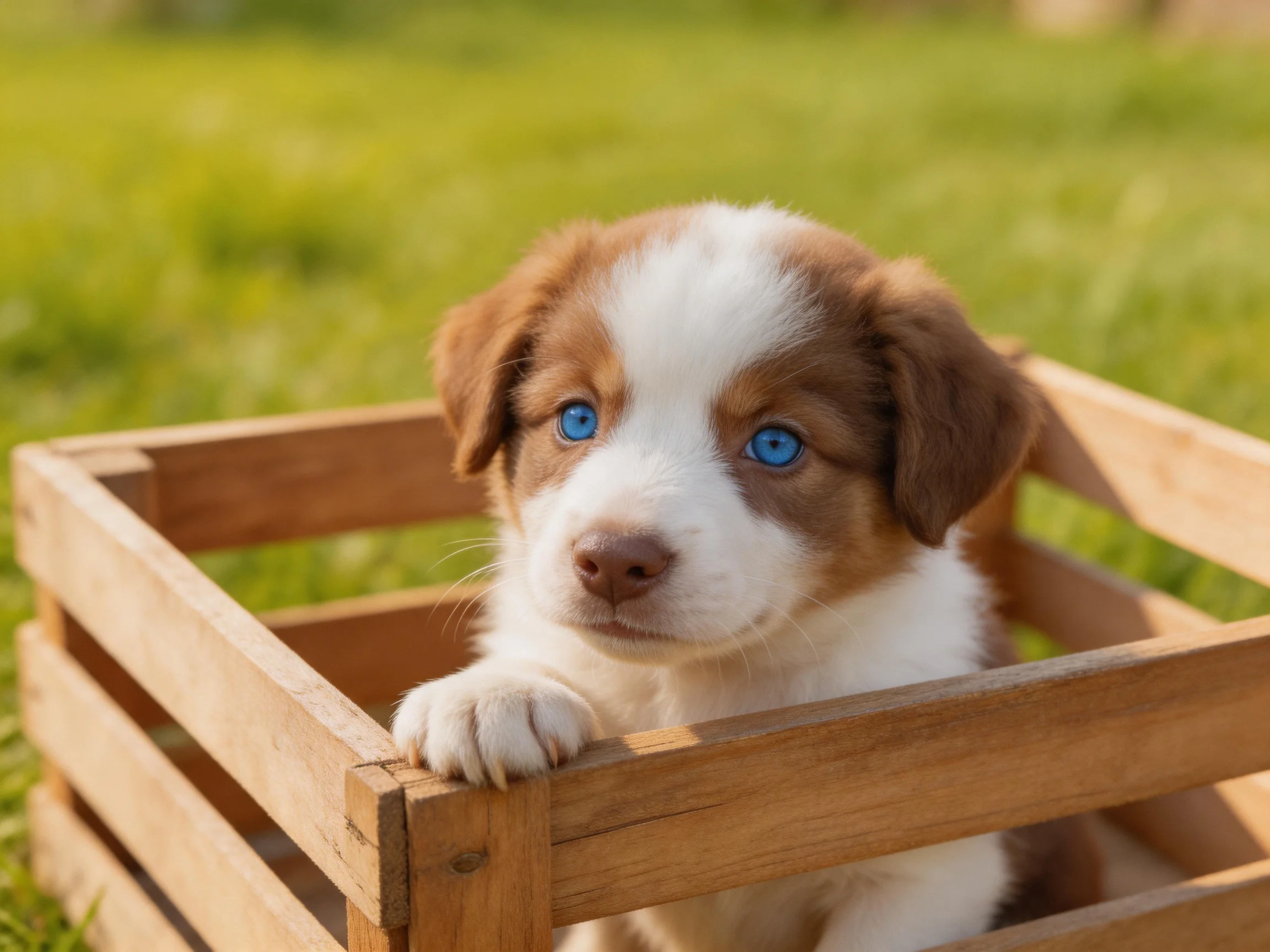 A puppy with blue eyes sits inside a wooden crate outdoors.
