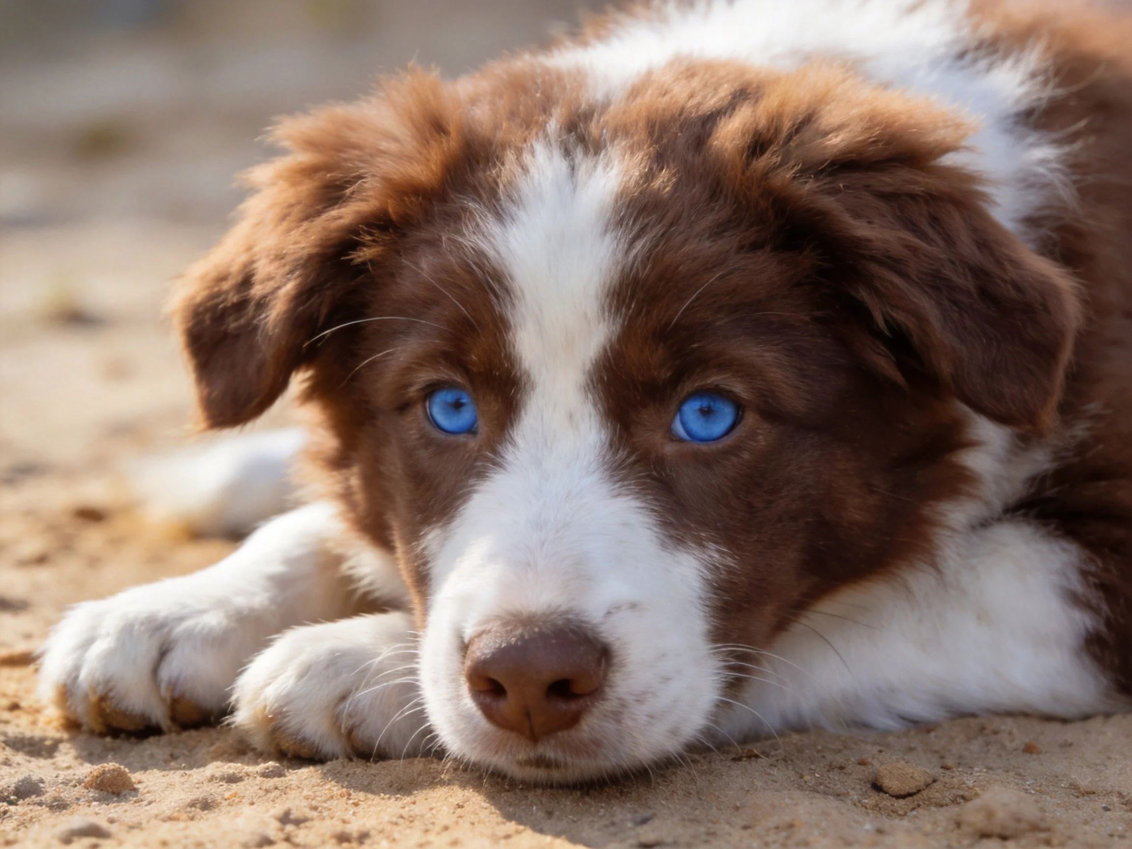 A brown and white puppy with striking blue eyesrelaxes on sandy terrain.