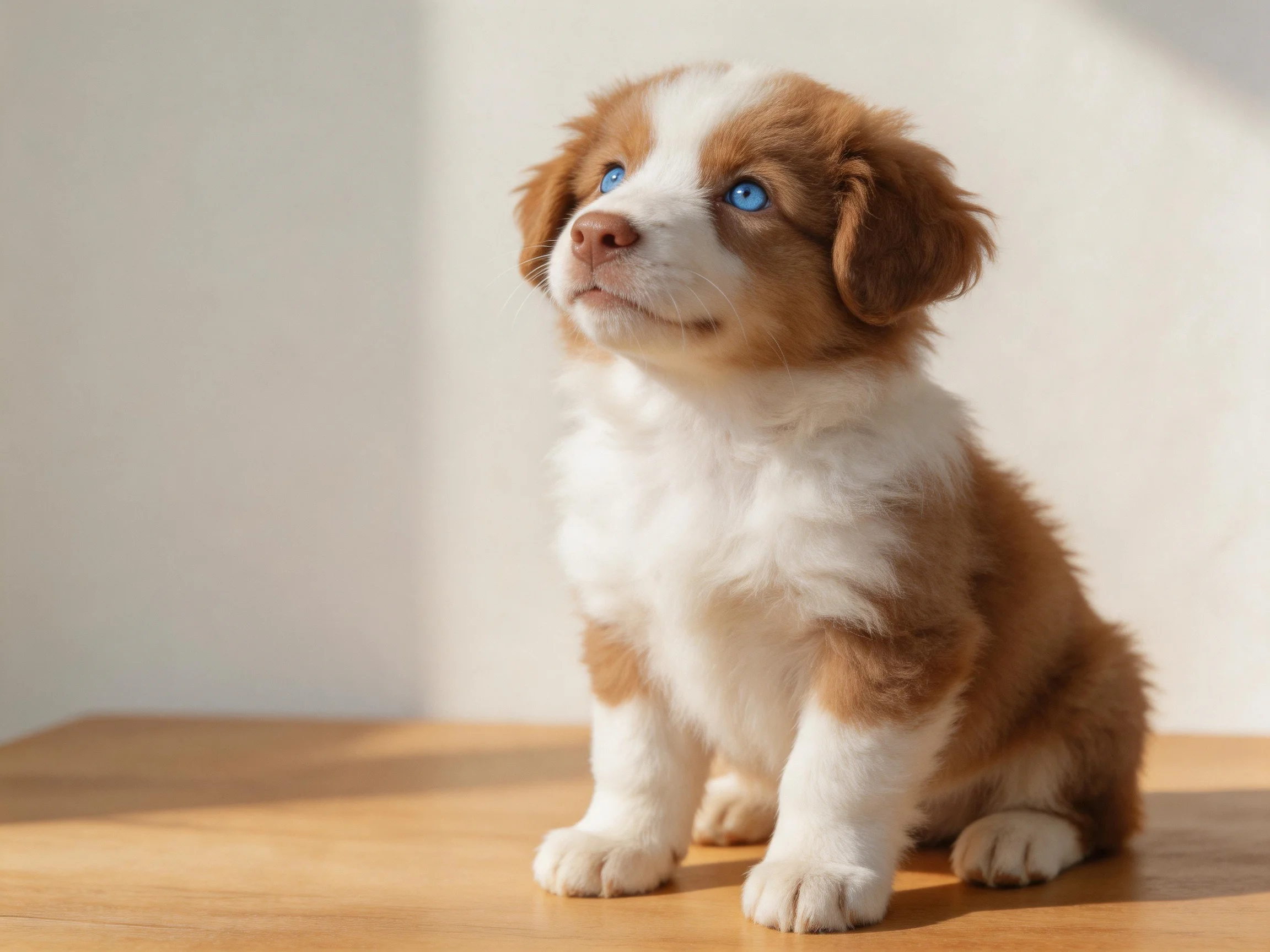 A brown and white puppy with bright blue eyes sits on a wooden surface