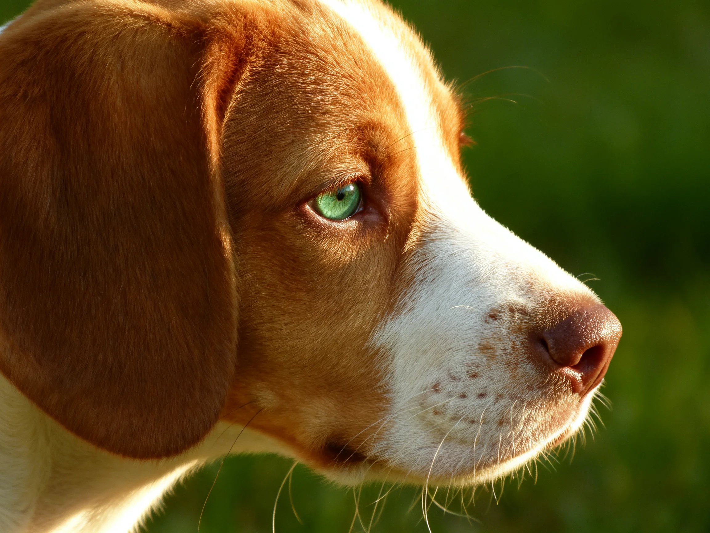 A brown and white puppy with bright green eyes in natural light