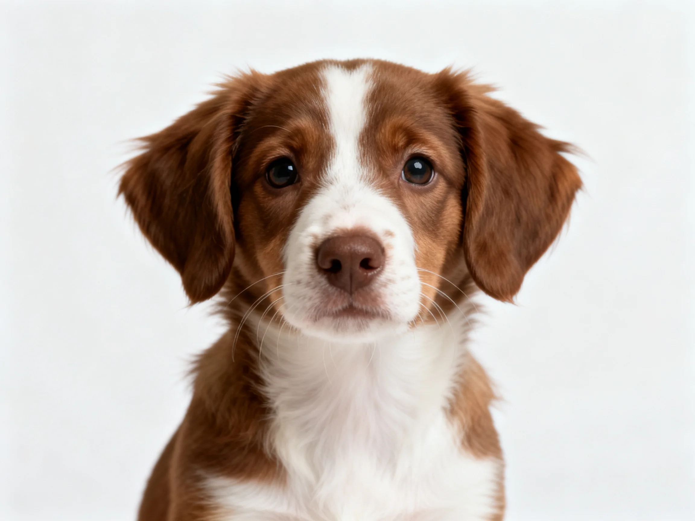 A brown and white puppy looks directly at the camera on a plain white background.