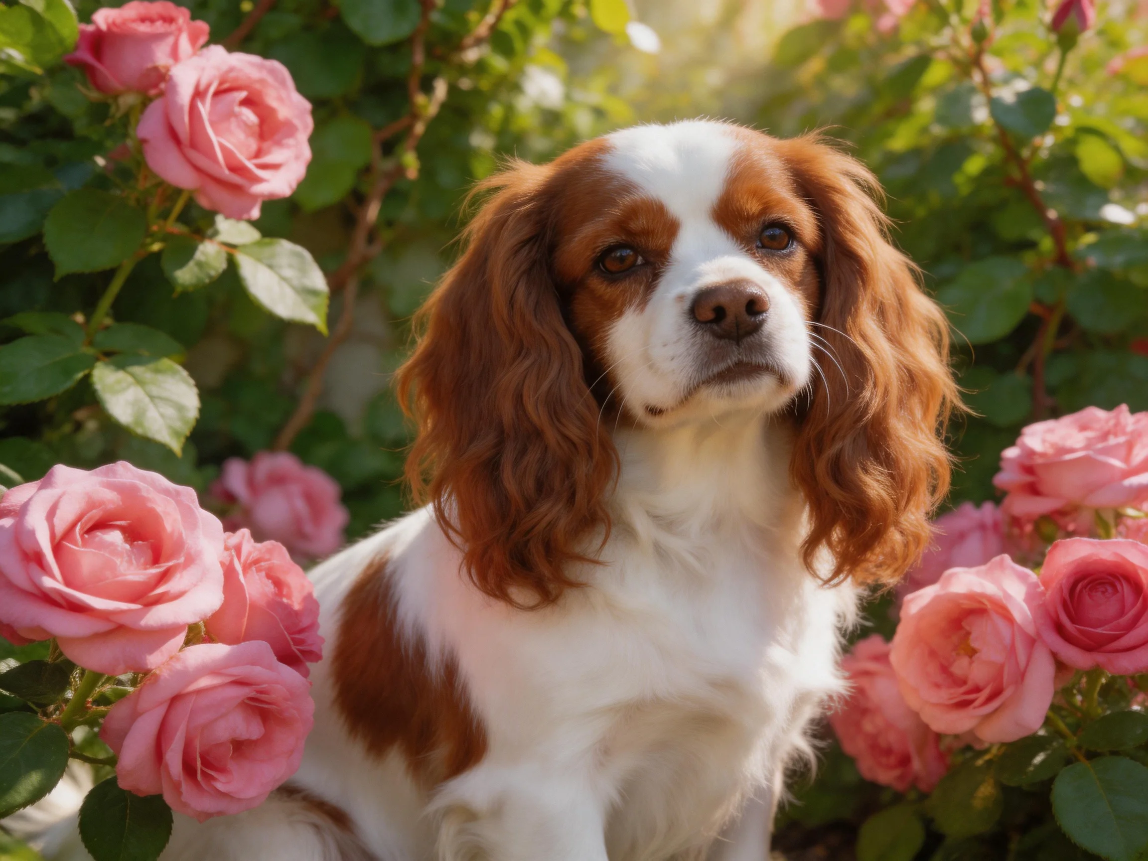 A brown-and-white spaniel sits amid blooming pink roses in a sunlit garden.