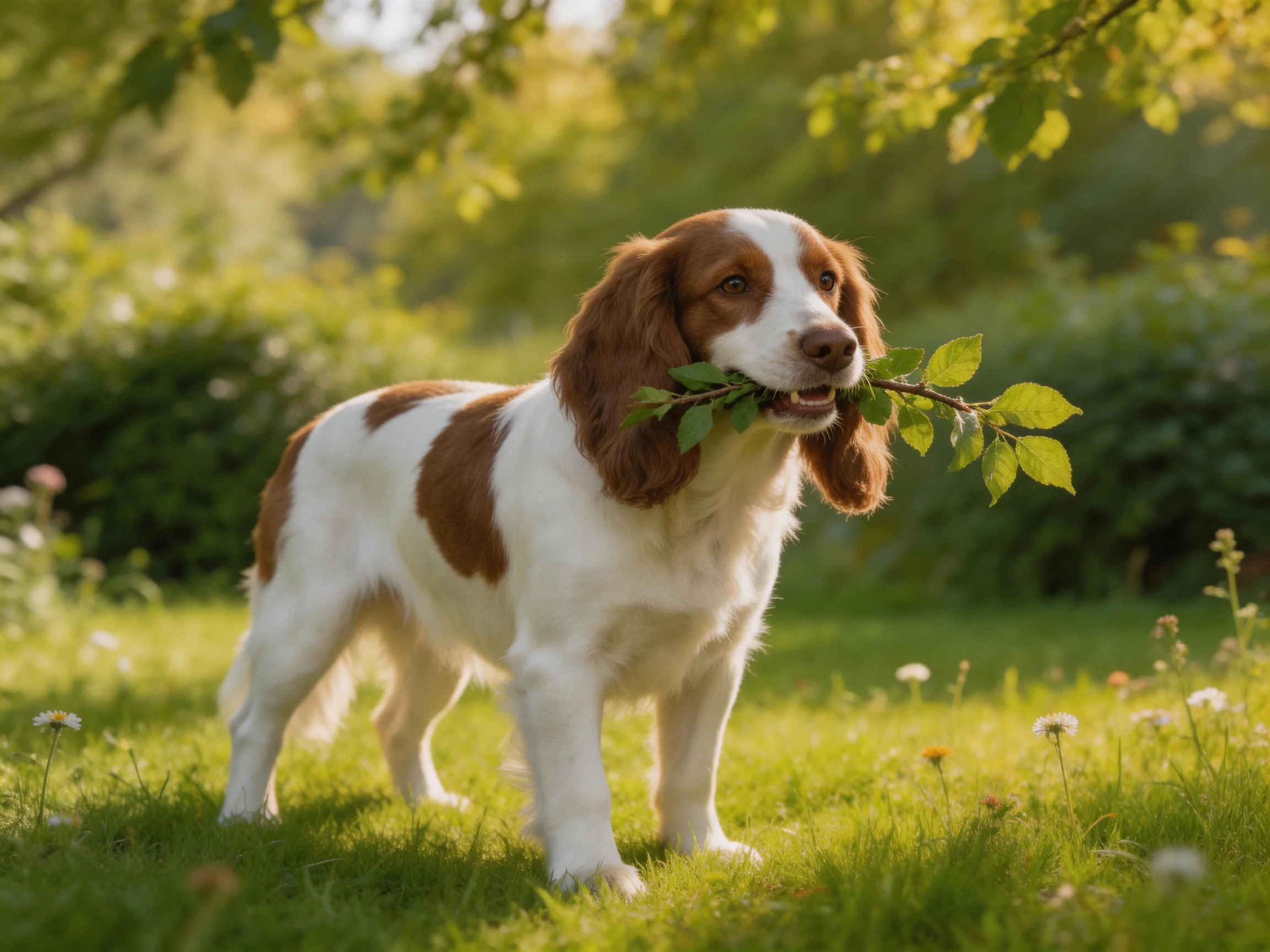 A brown-and-white spaniel carries a leafy branch in a sunlit garden