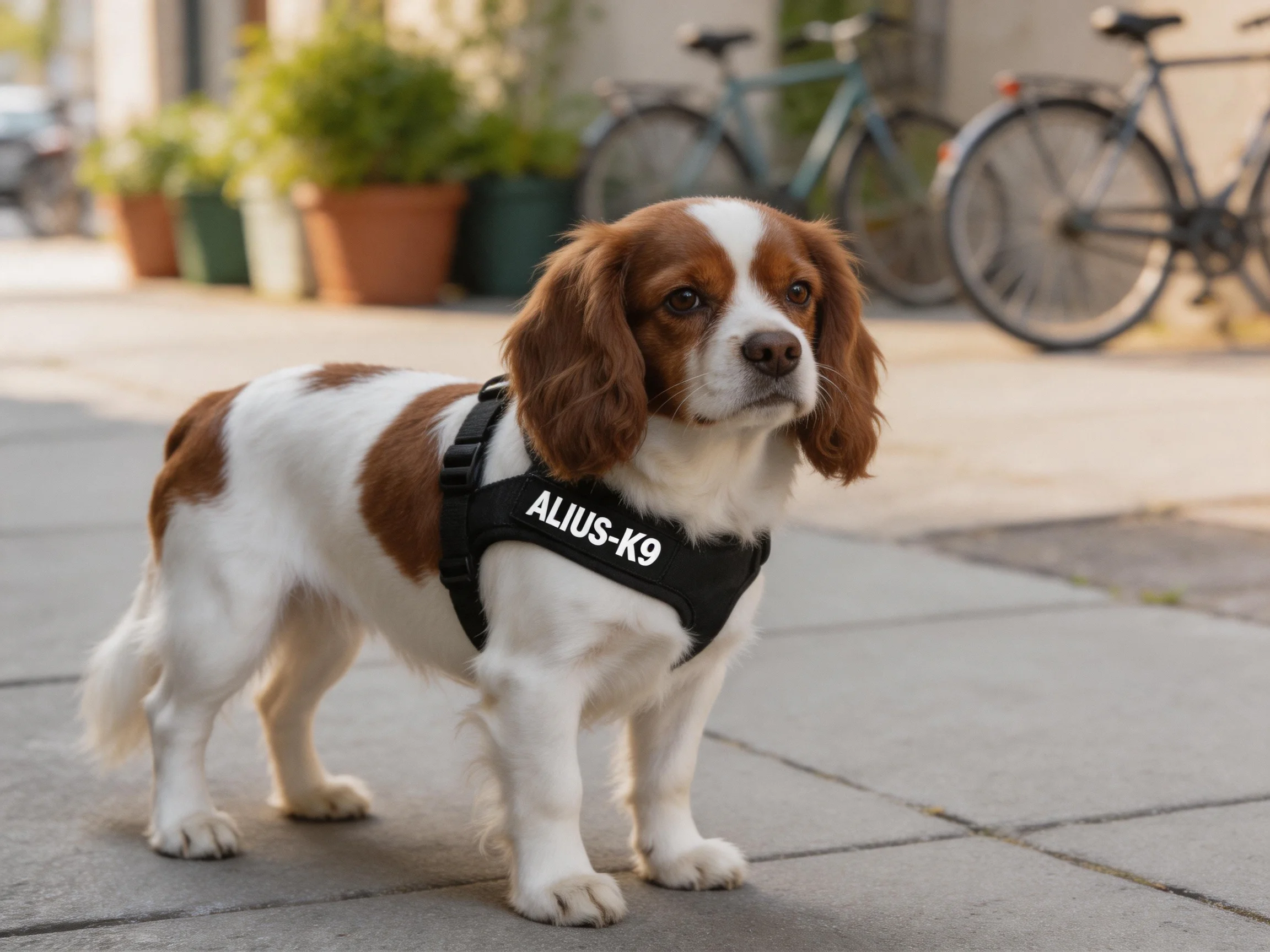 A brown and white spaniel dog wears an ALIUS-K9 harness on a sunny sidewalk