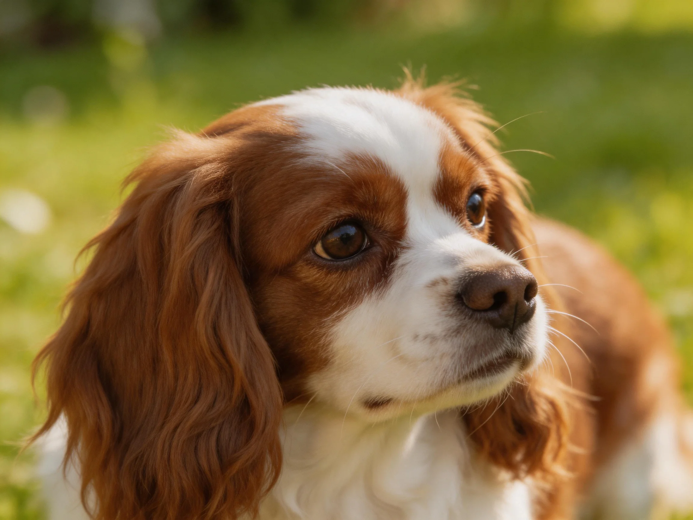 A brown and white spaniel gazes attentively in a sunlit garden.