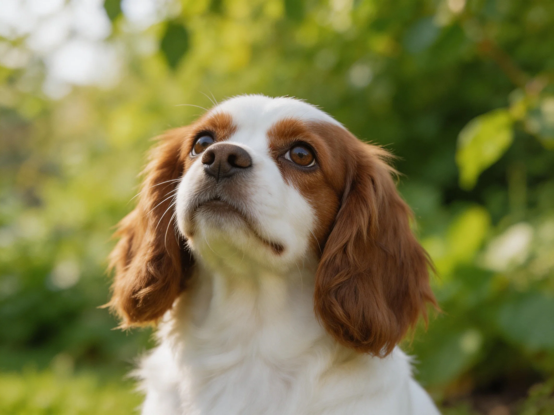 A brown and white spaniel looks upward in a sunlit, leafy environment.