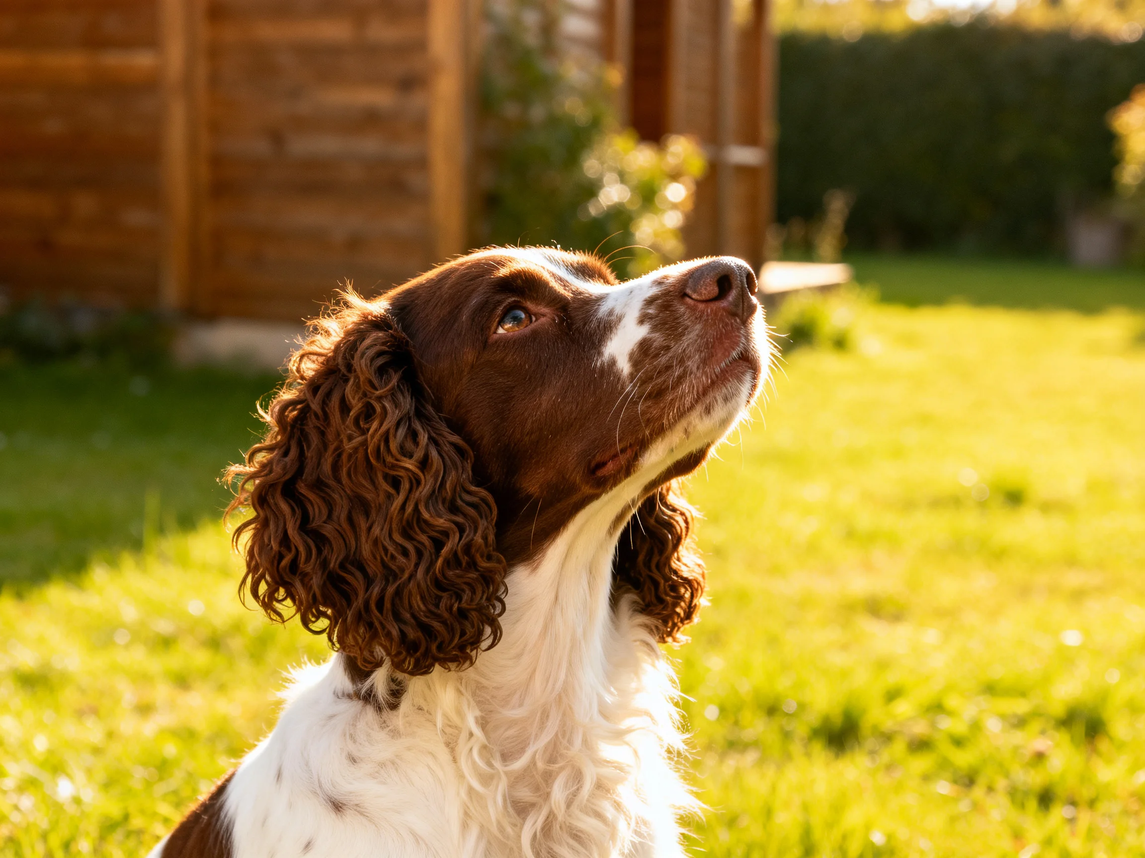 A brown and white spaniel gazes upward in a sunlit backyard