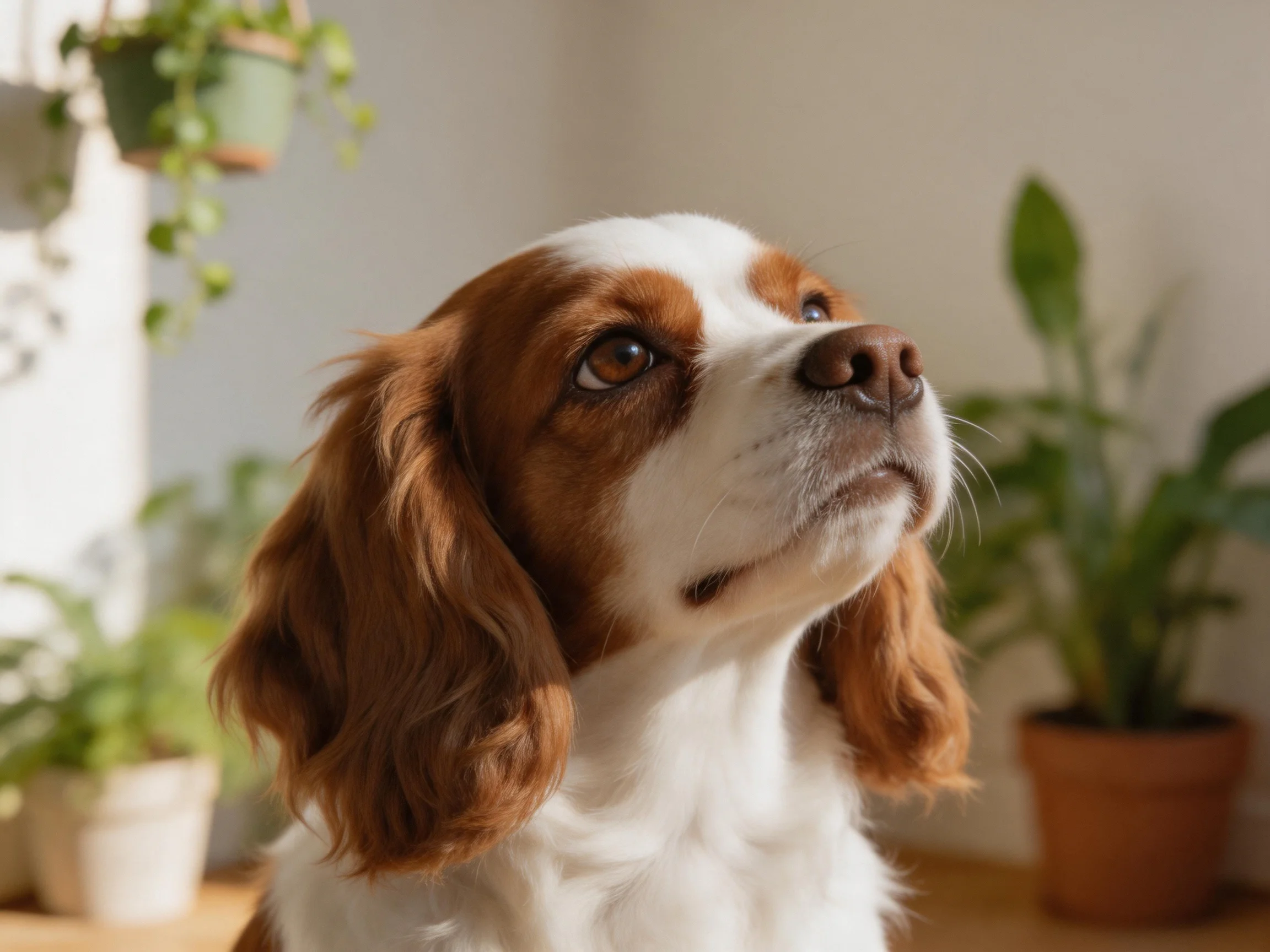A brown and white spaniel gazes upward near potted plants