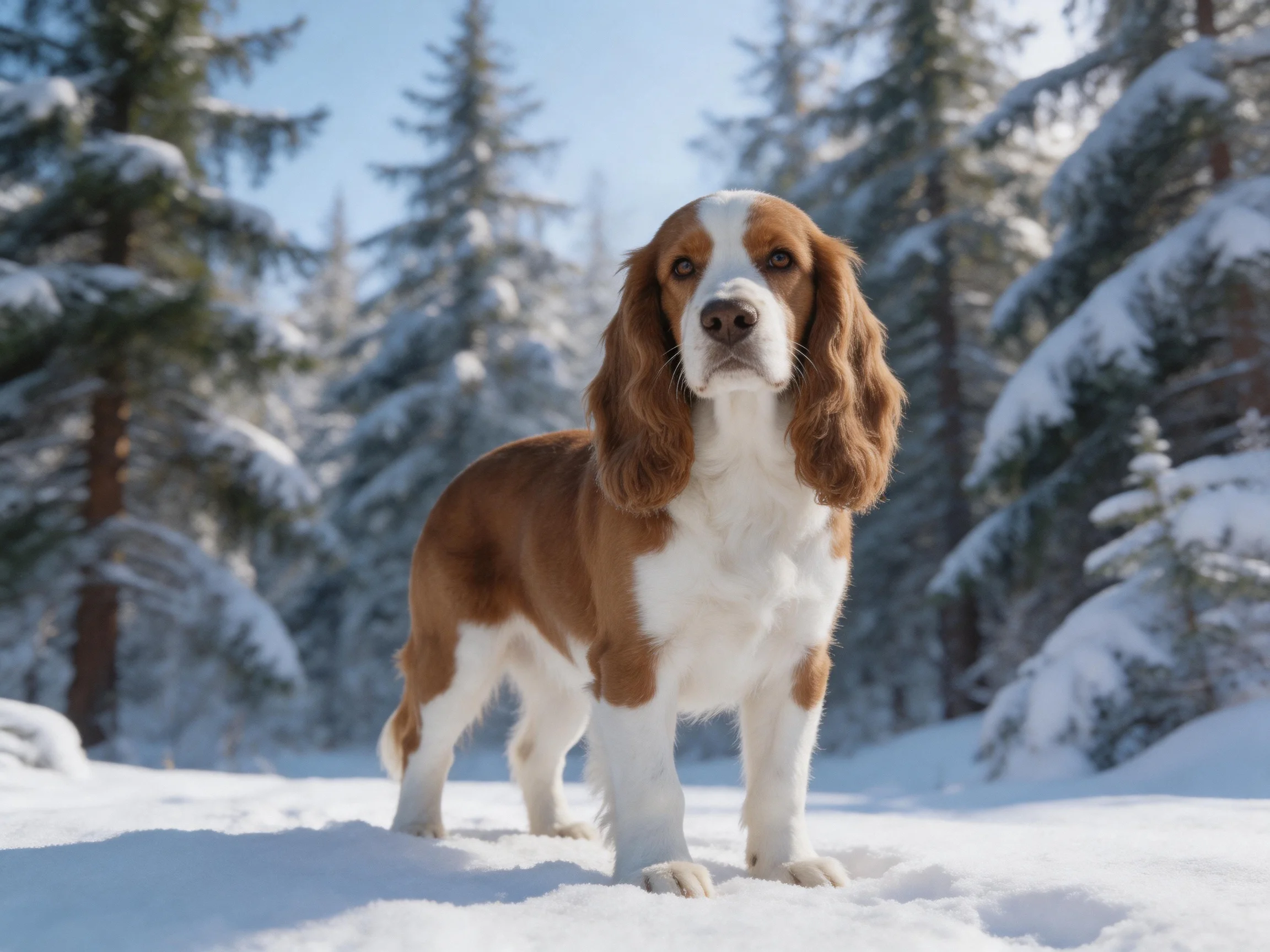 A brown and white spaniel in a snow-filled pine forest