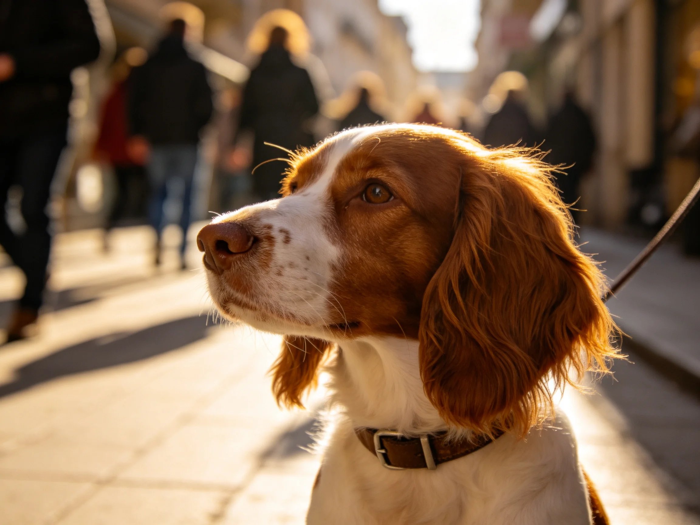 A brown and white spaniel on a sunlit city street