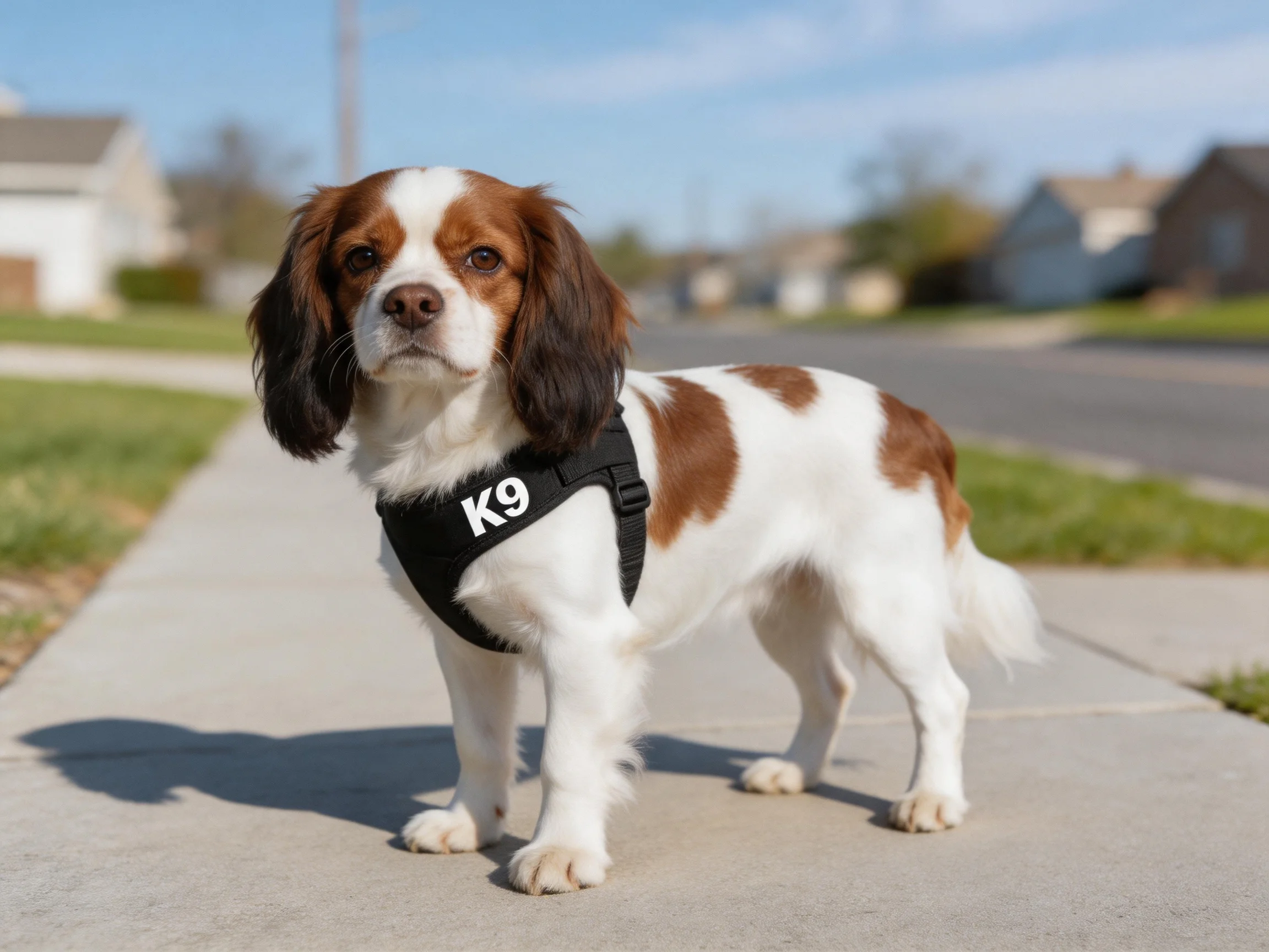 A brown and white spaniel puppy in a black K9 harness stands on a sidewalk