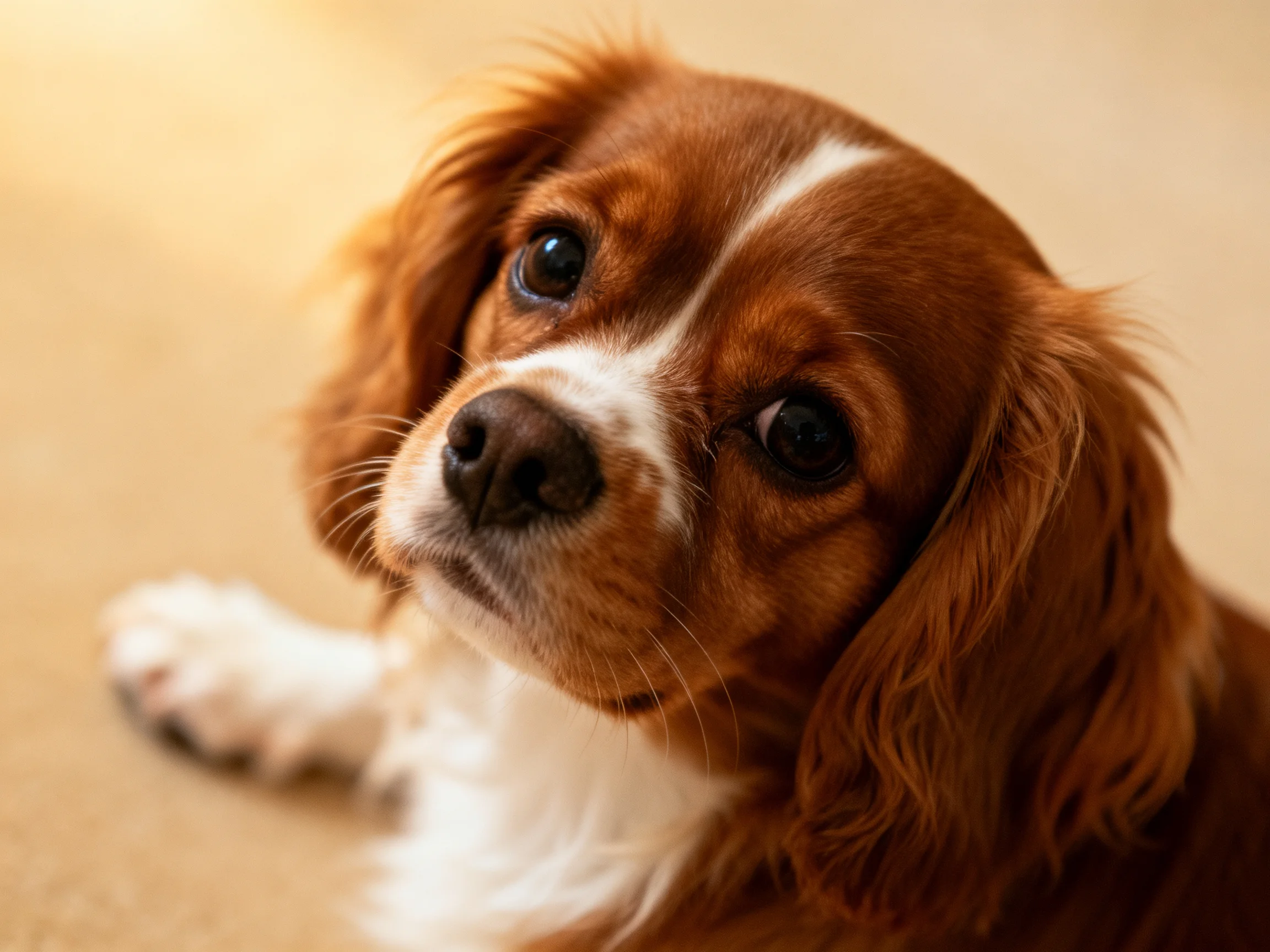 A brown and white spaniel puppy rests on a beige carpet