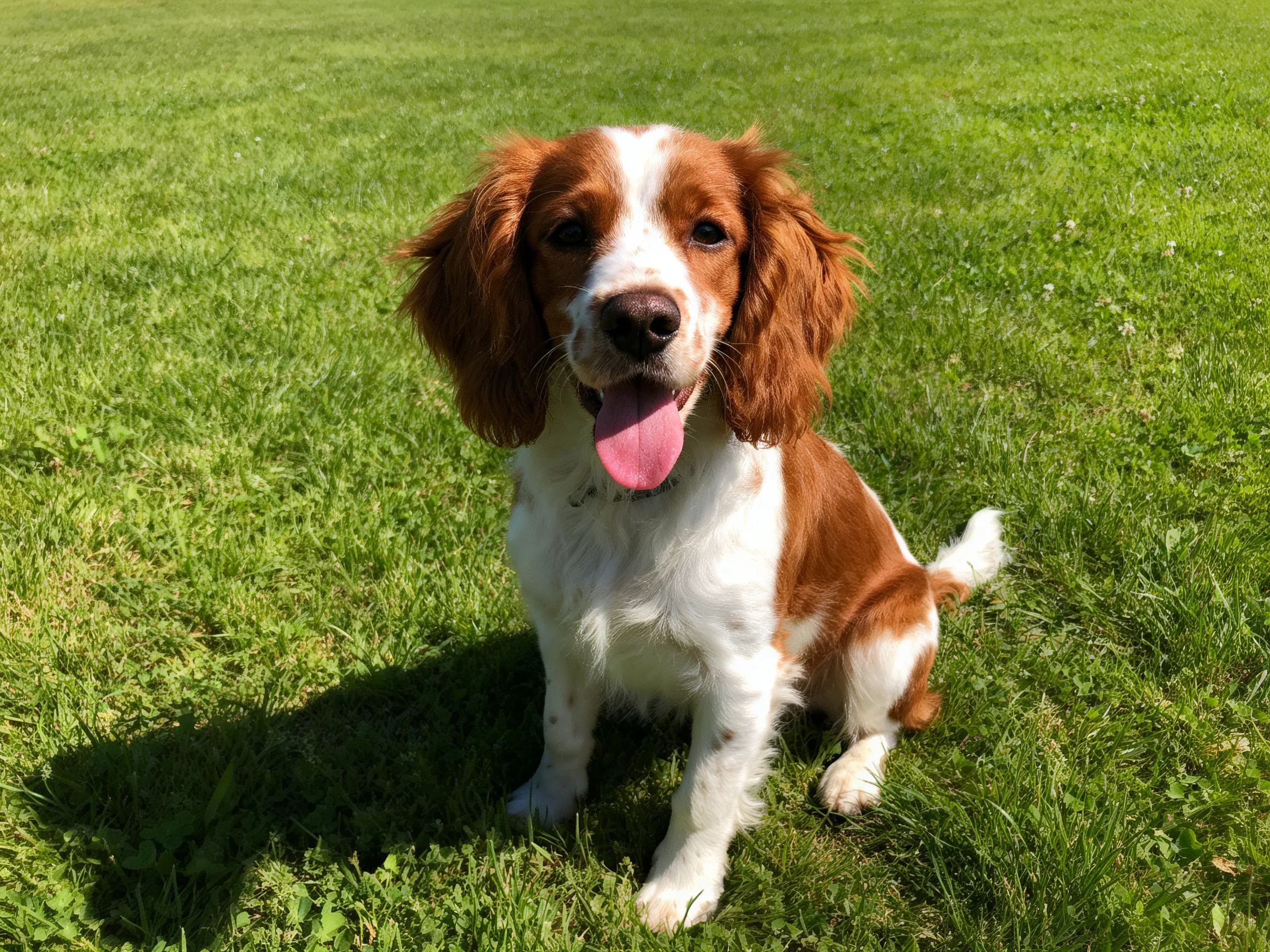 A brown and white spaniel puppy sits happily on bright green grass