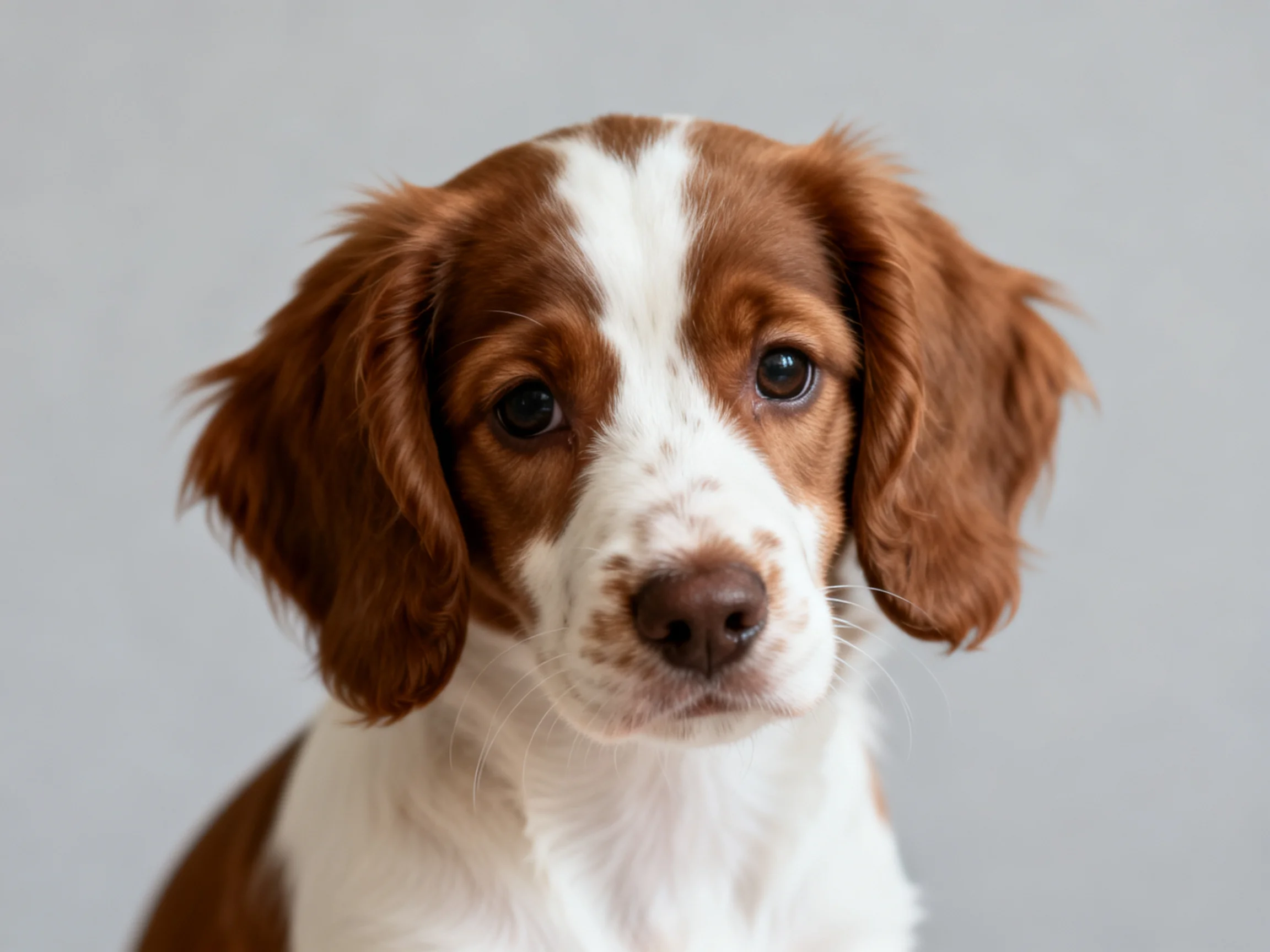 A brown and white spaniel puppy with floppy ears