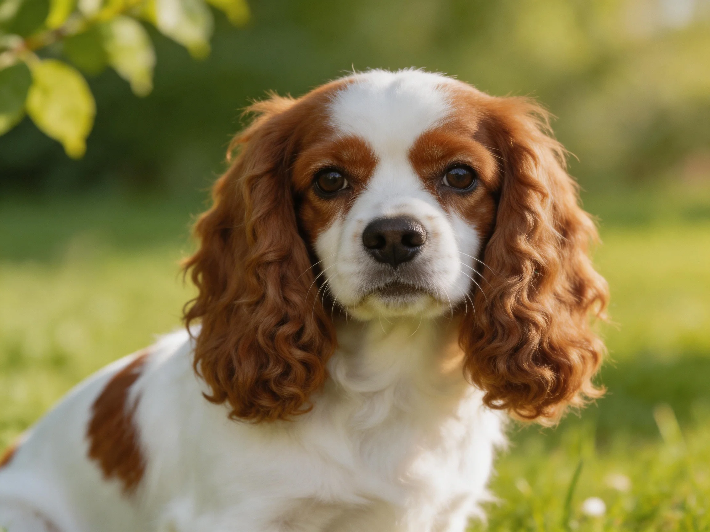 A brown and white spaniel puppy with long curly ears in a sunny garden