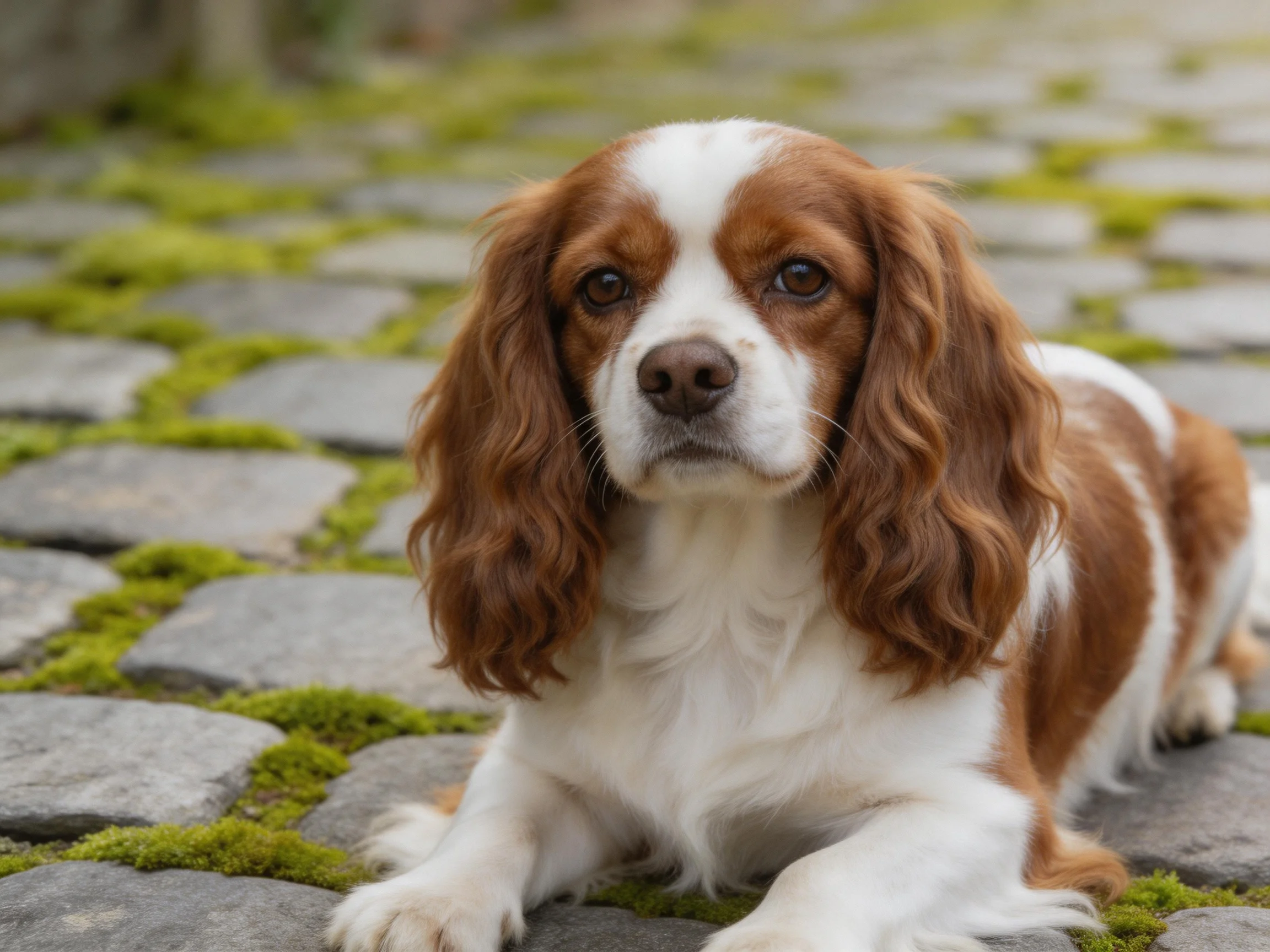 A brown and white spaniel lies calmly on a moss-dotted stone pathway.