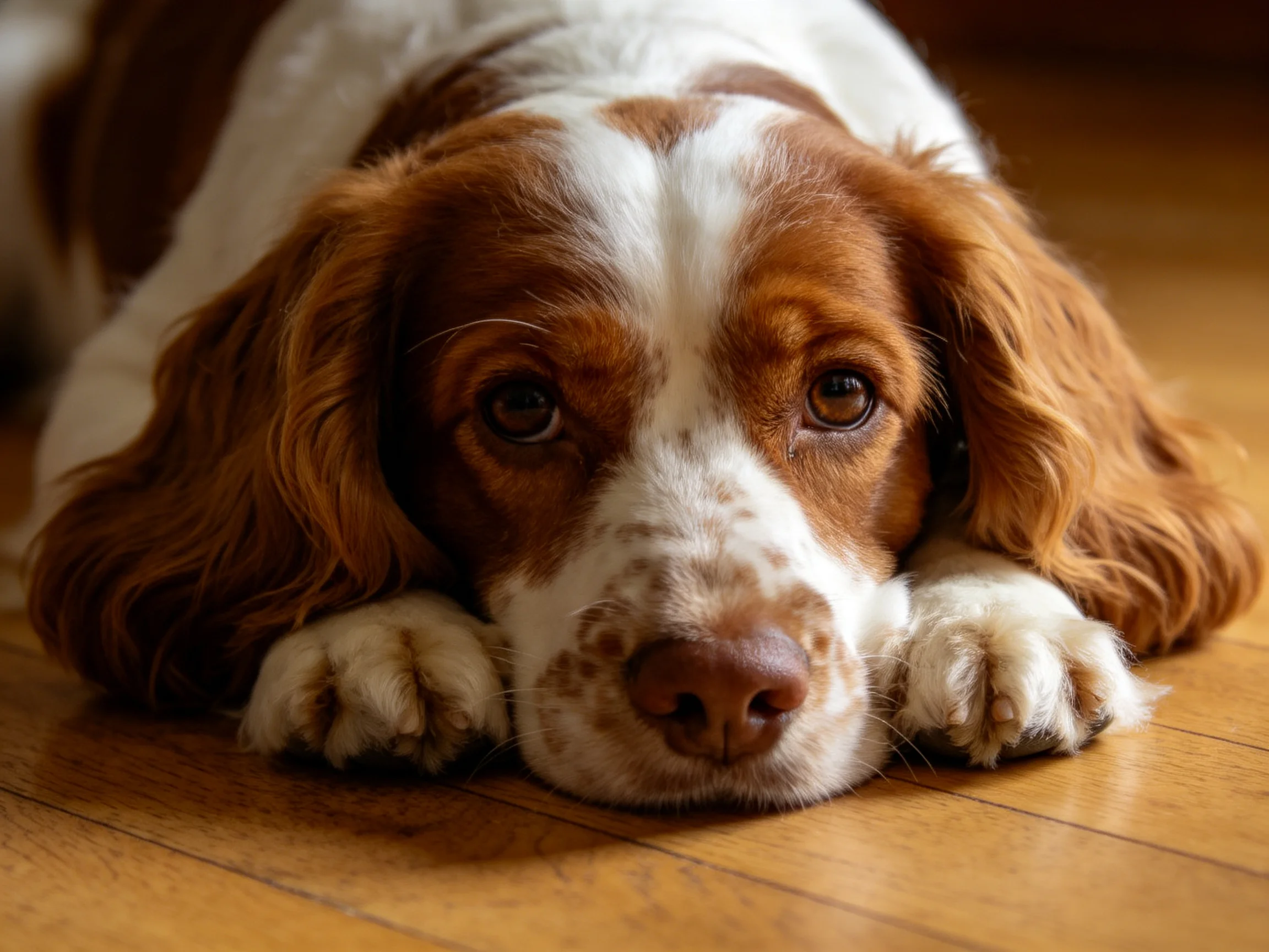 A brown and white spaniel rests on a polished wooden floor