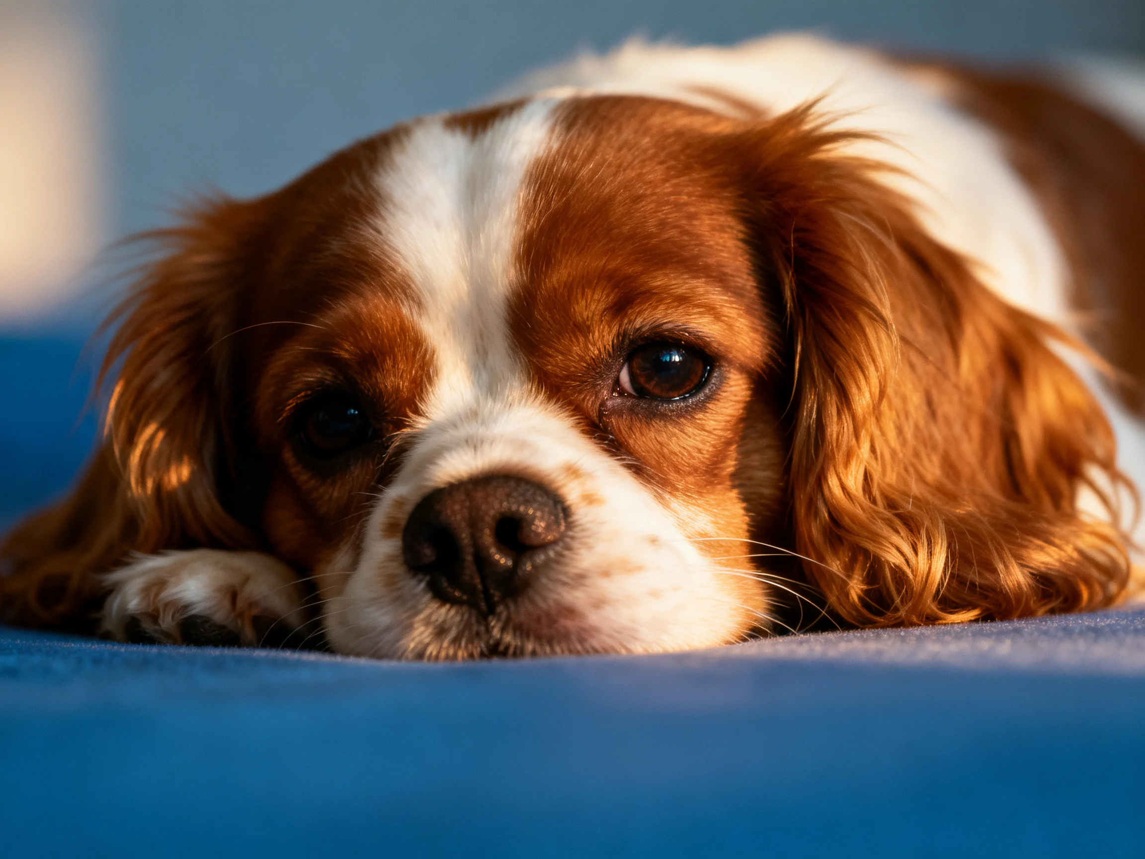 A brown and white spaniel rests on a soft blue fabric
