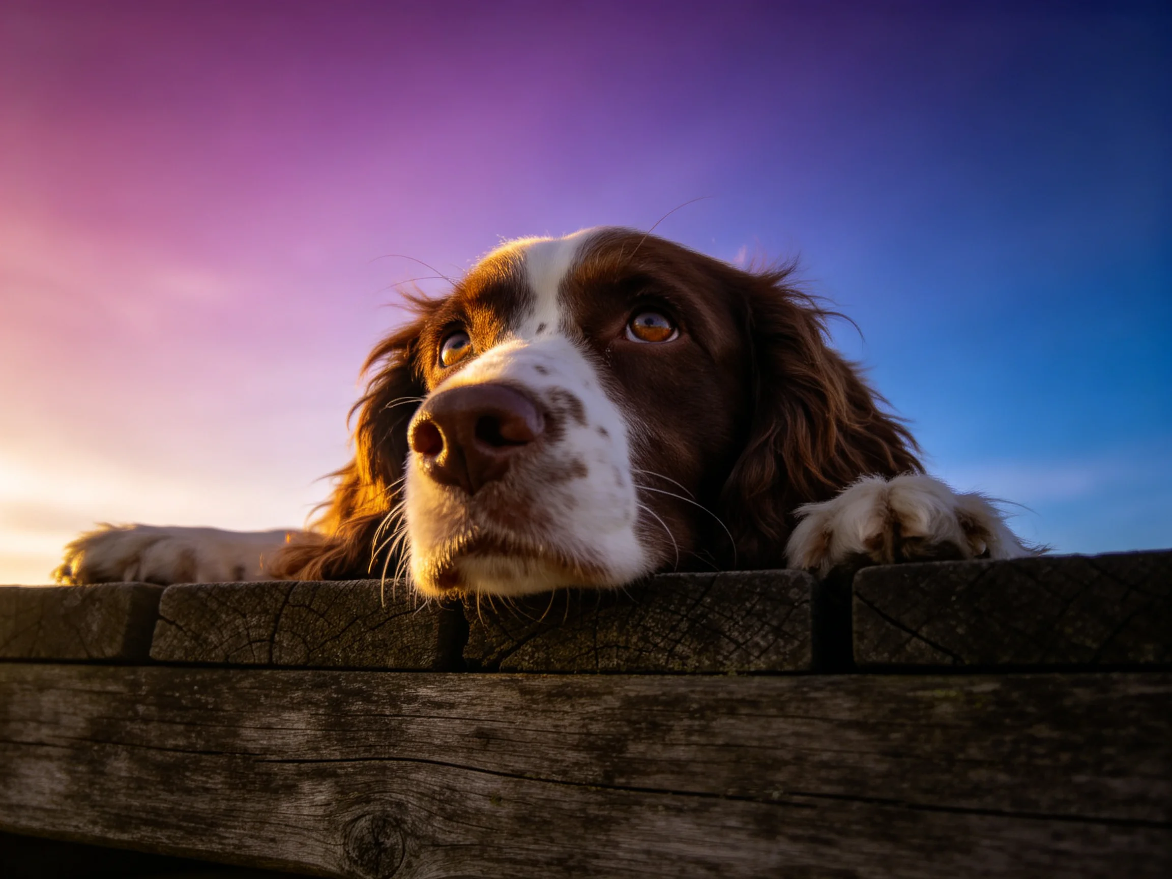 A brown and white spaniel rests on a weathered wooden fence under a colorful twilight sky