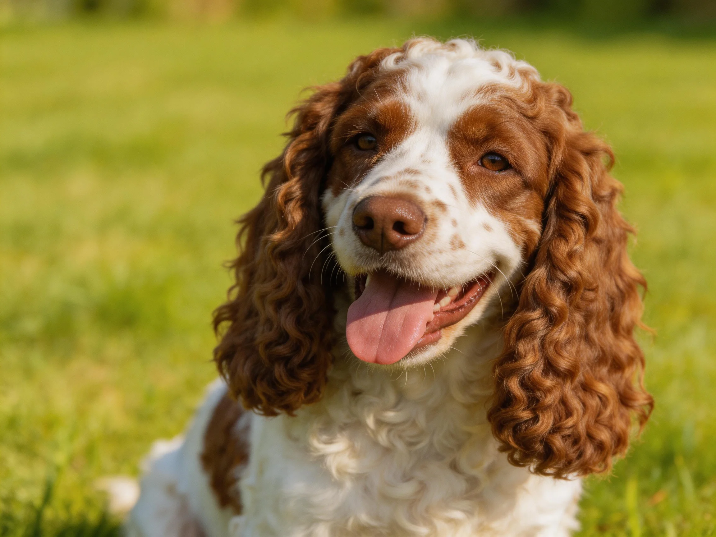 A brown and white spaniel rests on lush green grass
