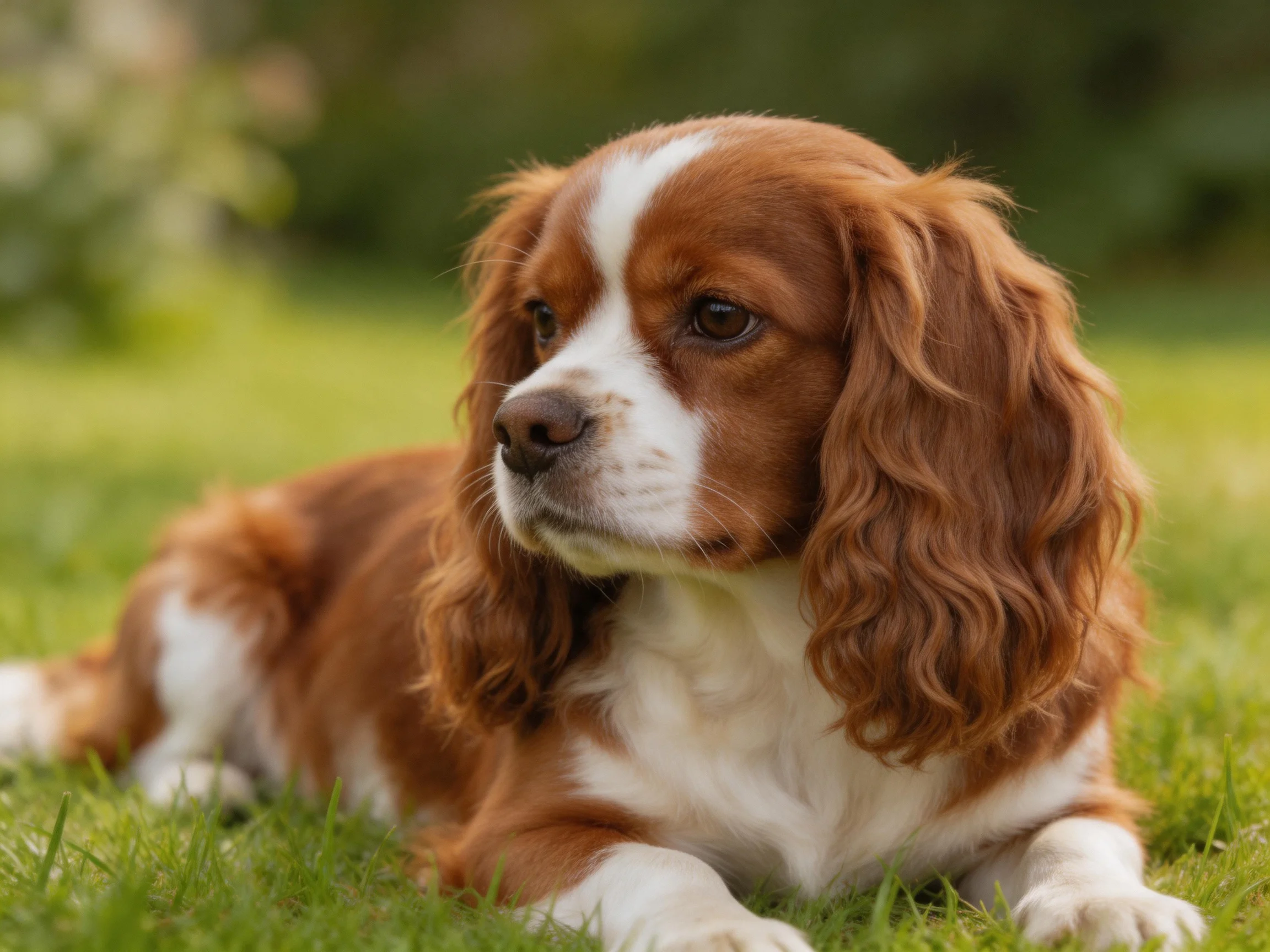 A brown and white spaniel lies calmly on green grass outdoors an outdoor area.