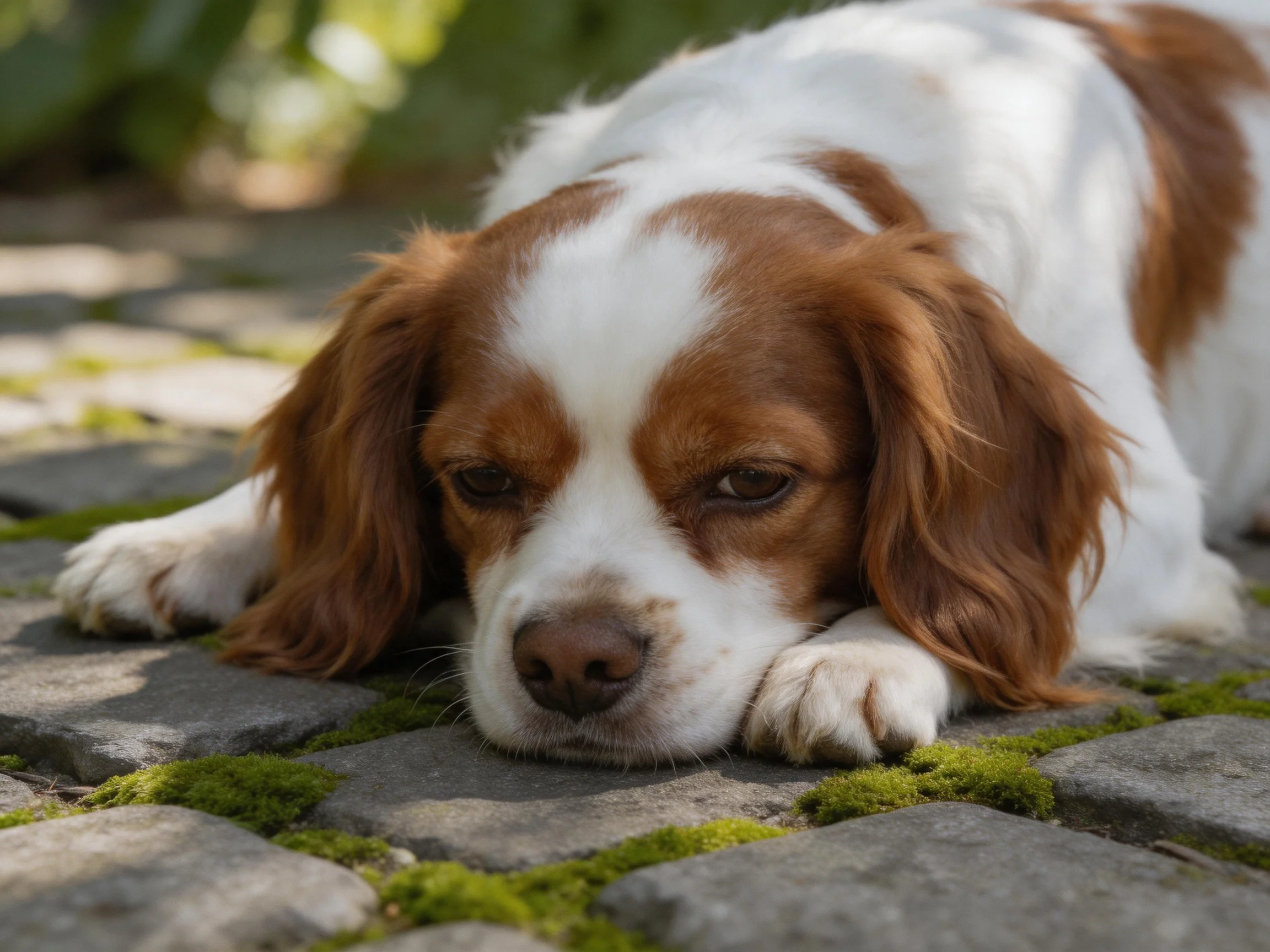 A brown and white spaniel rests on moss-covered stone pavement