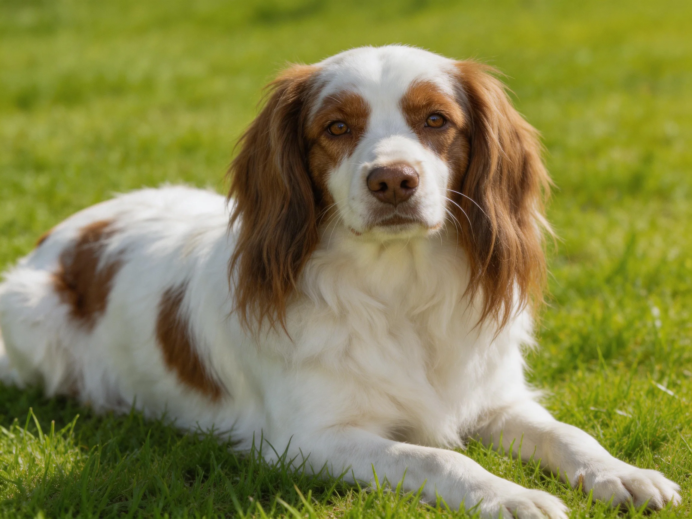 A brown-and-white spaniel rests on vibrant green grass